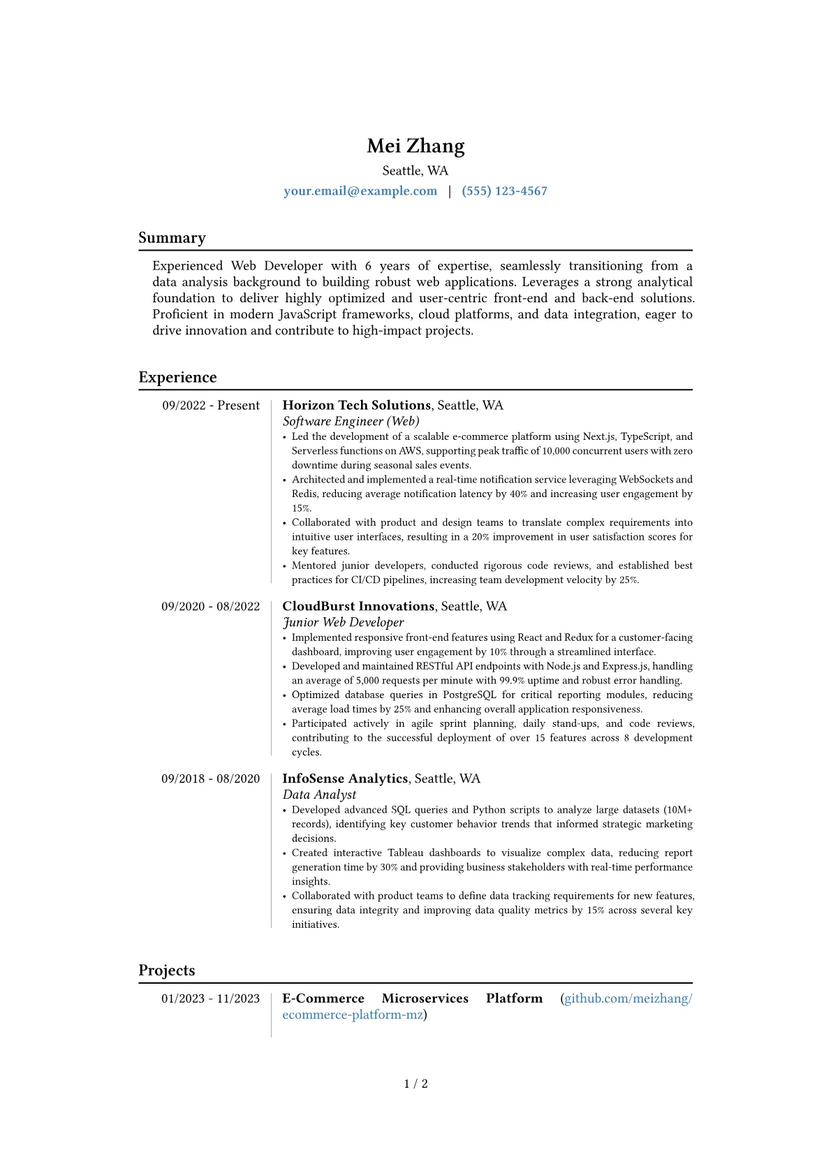 Experienced Web Developer resume example, Career changer, page 1