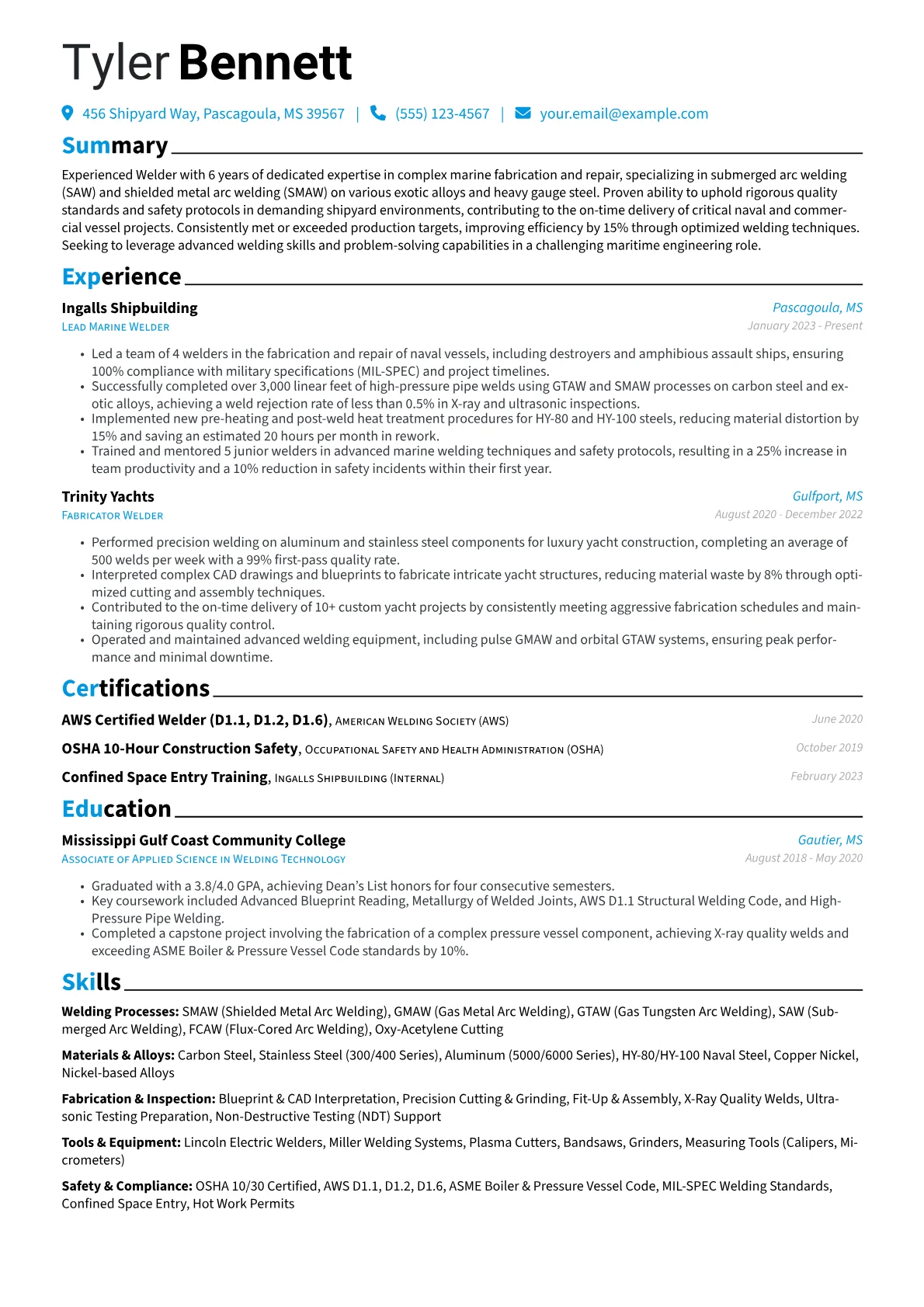 Experienced Welder resume example, Experienced Welder, page 1