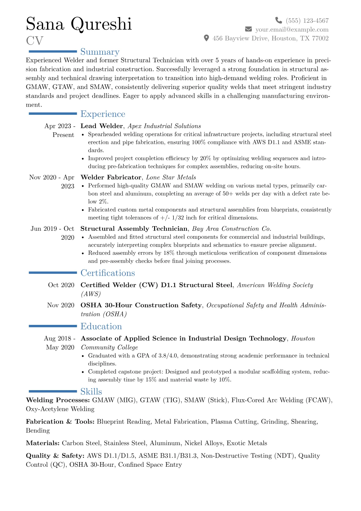 Experienced Welder resume example, Career changer, page 1
