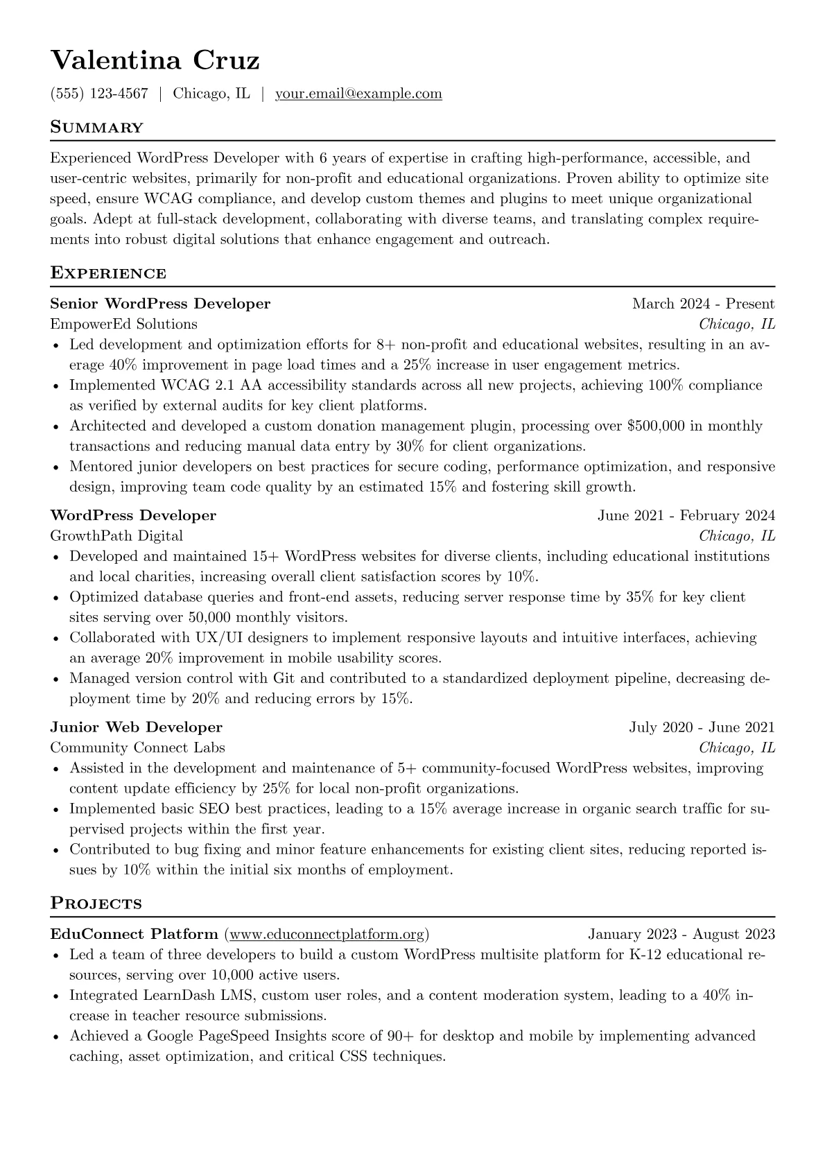 Experienced WordPress Developer resume example, Experienced WordPress, page 1