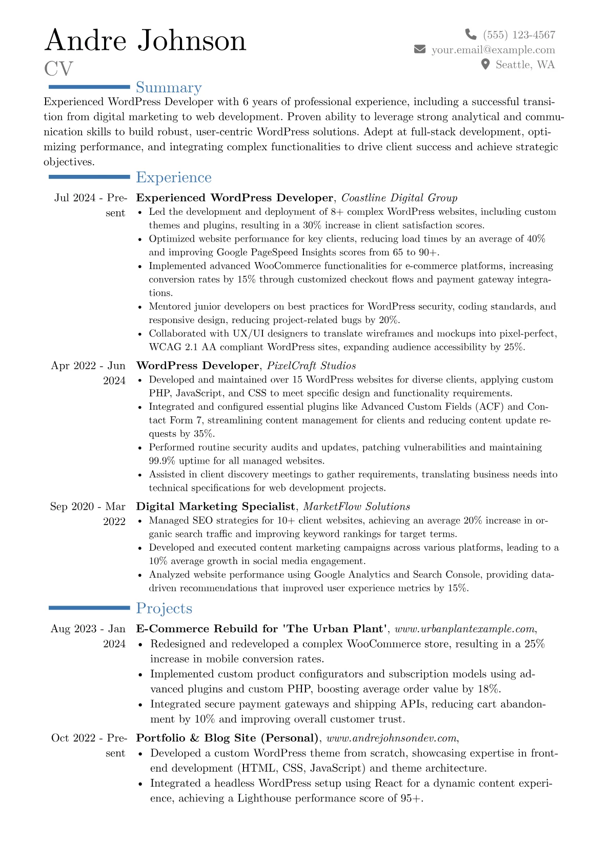 Experienced WordPress Developer resume example, Career changer, page 1
