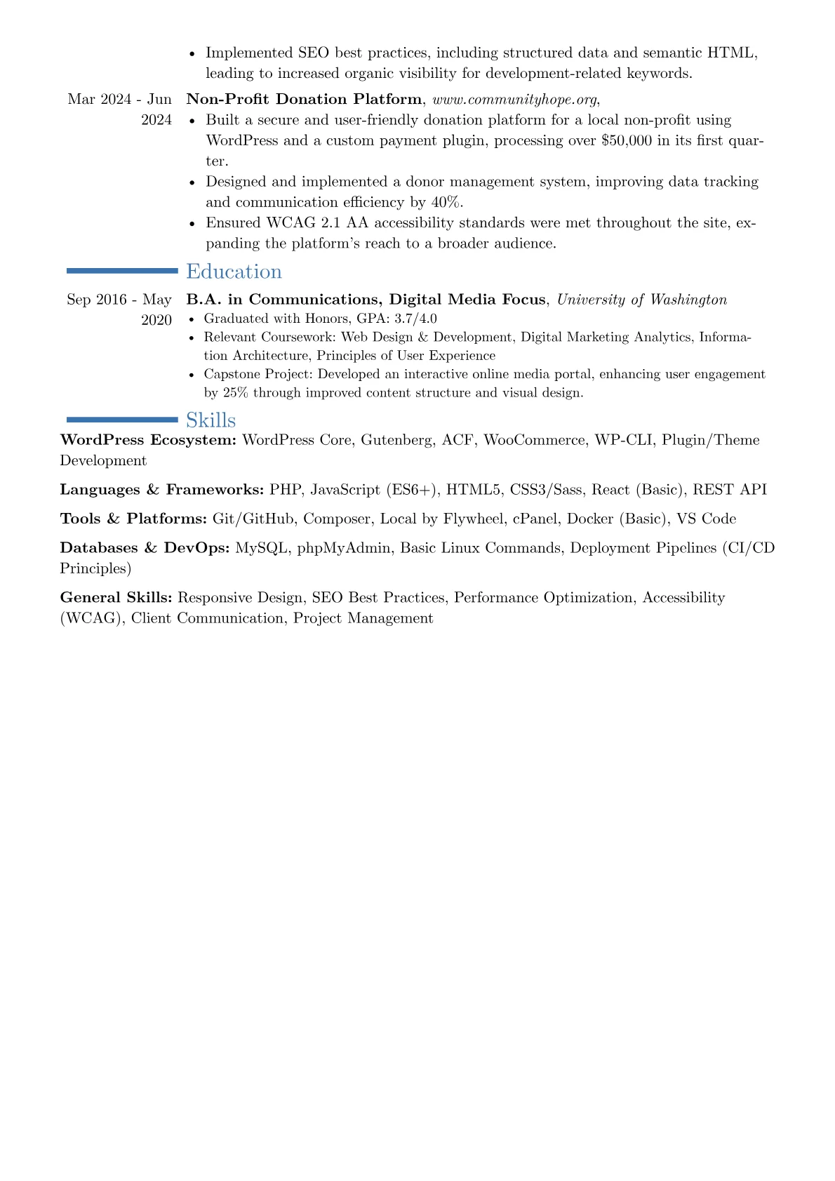 Experienced WordPress Developer resume example, Career changer, page 2