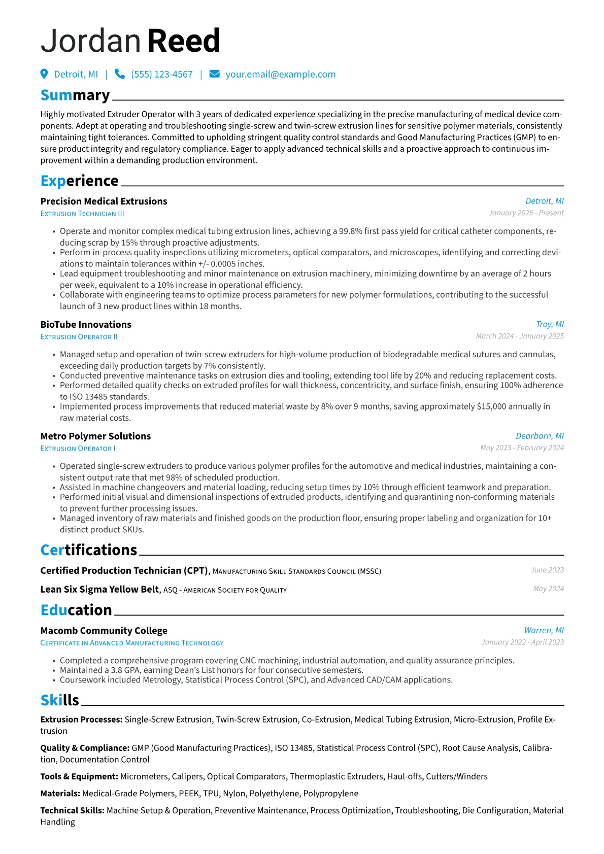 Extruder Operator resume example, Extruder Operator, page 1