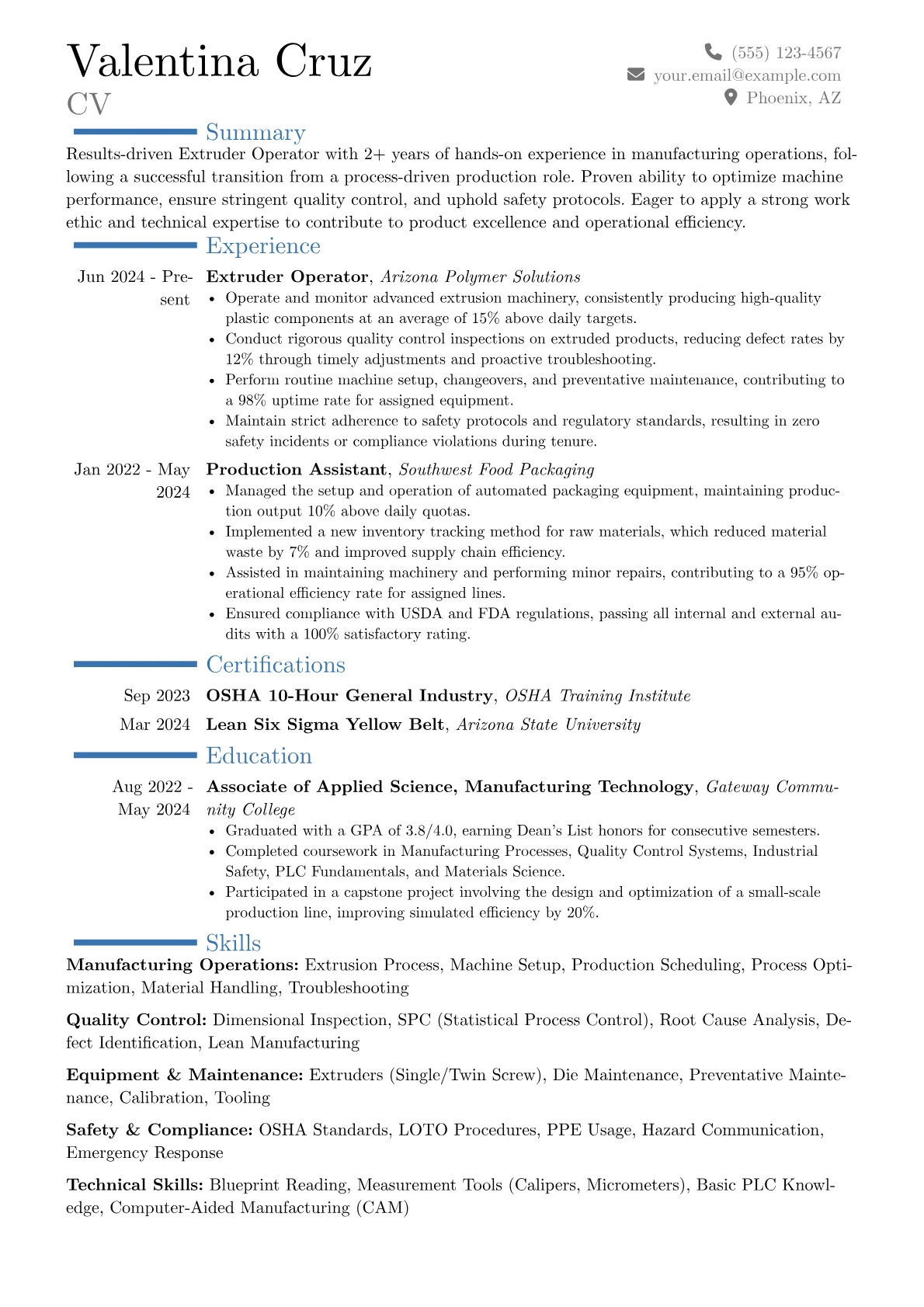 Extruder Operator resume example, Career changer, page 1