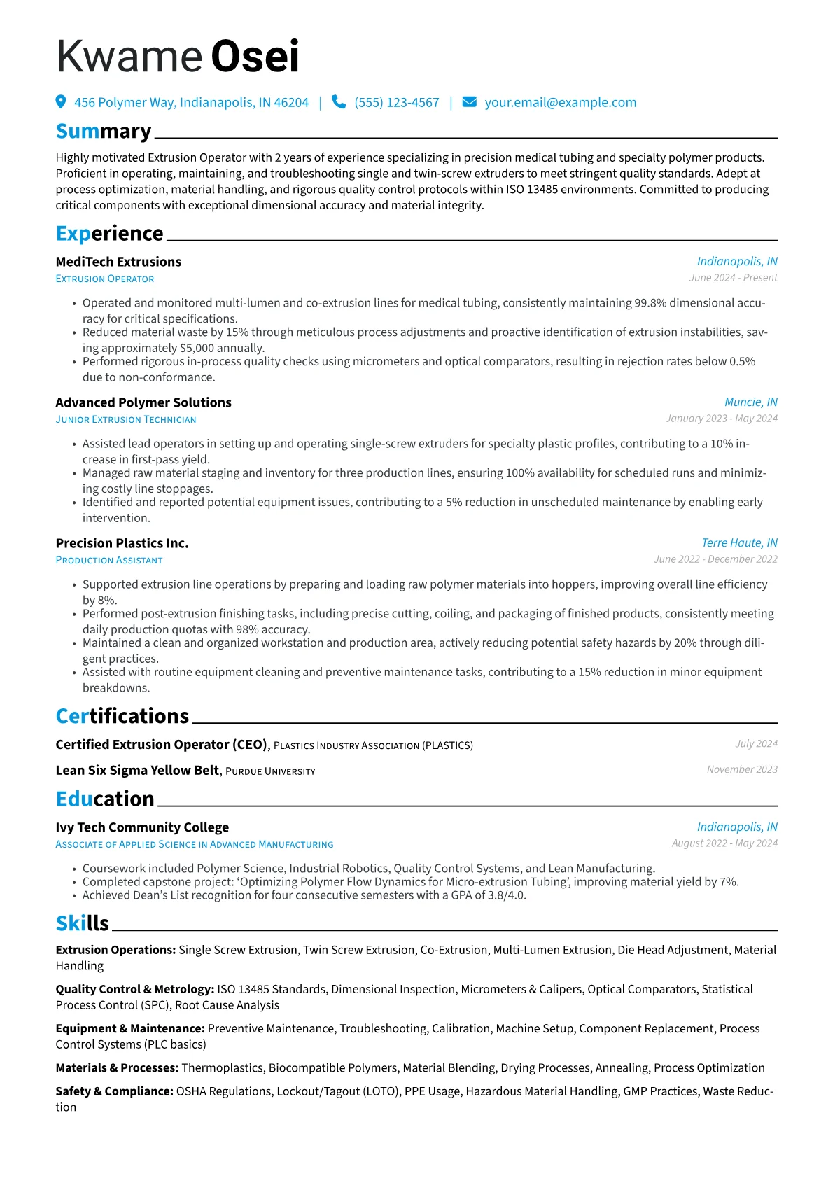 Extrusion Operator resume example, Extrusion Operator, page 1