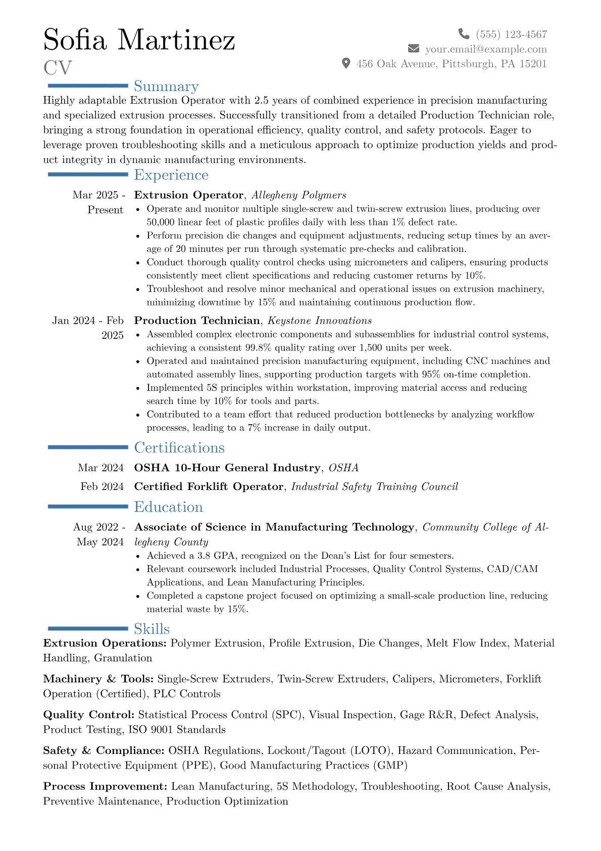 Extrusion Operator resume example, Career changer, page 1