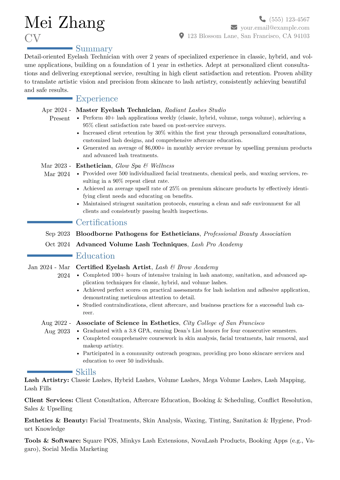 Eyelash Technician resume example, Career changer, page 1