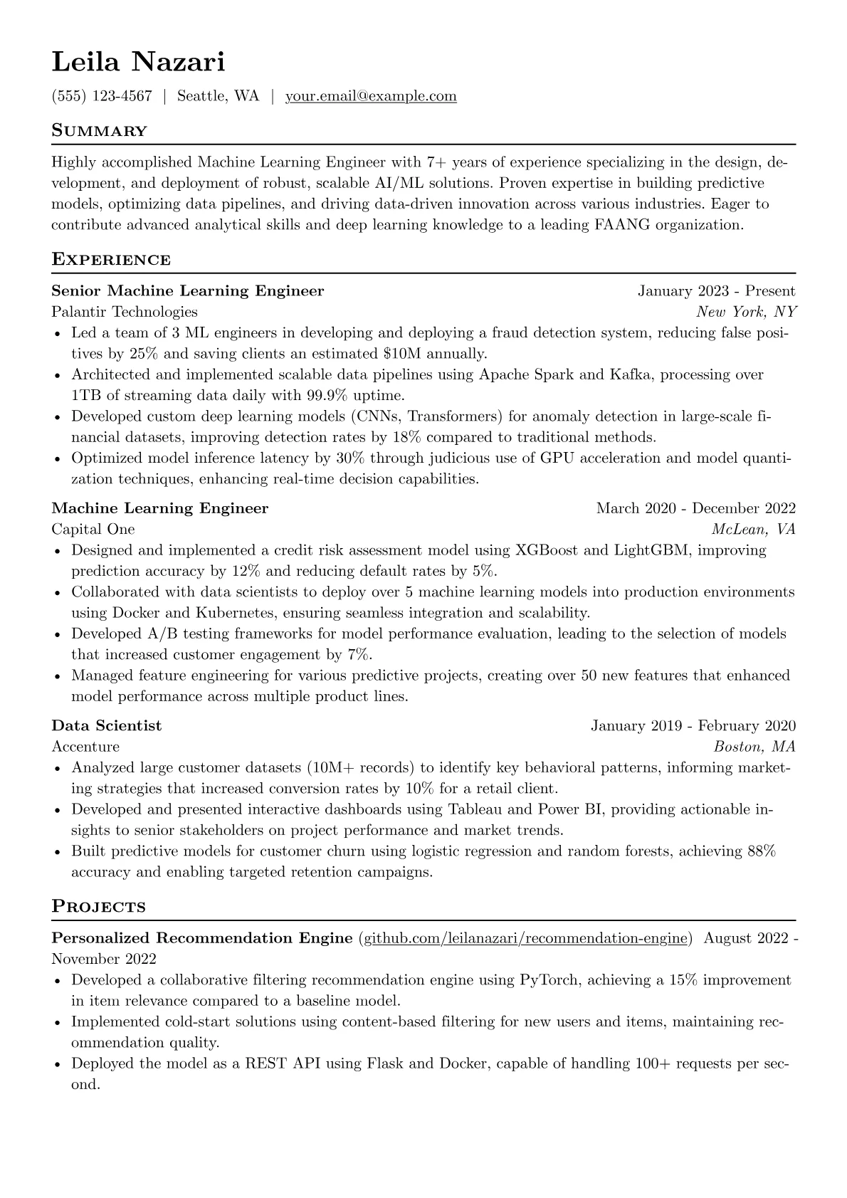 FAANG resume example, Machine Learning Engineer, page 1