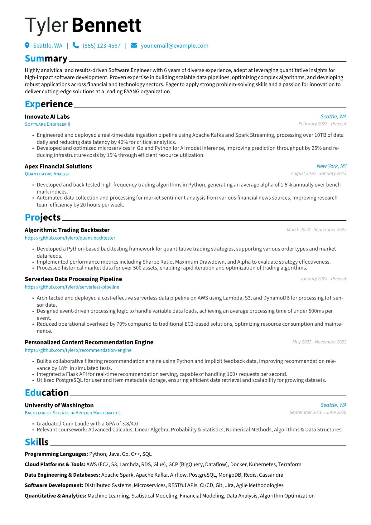 FAANG resume example, Career changer, page 1
