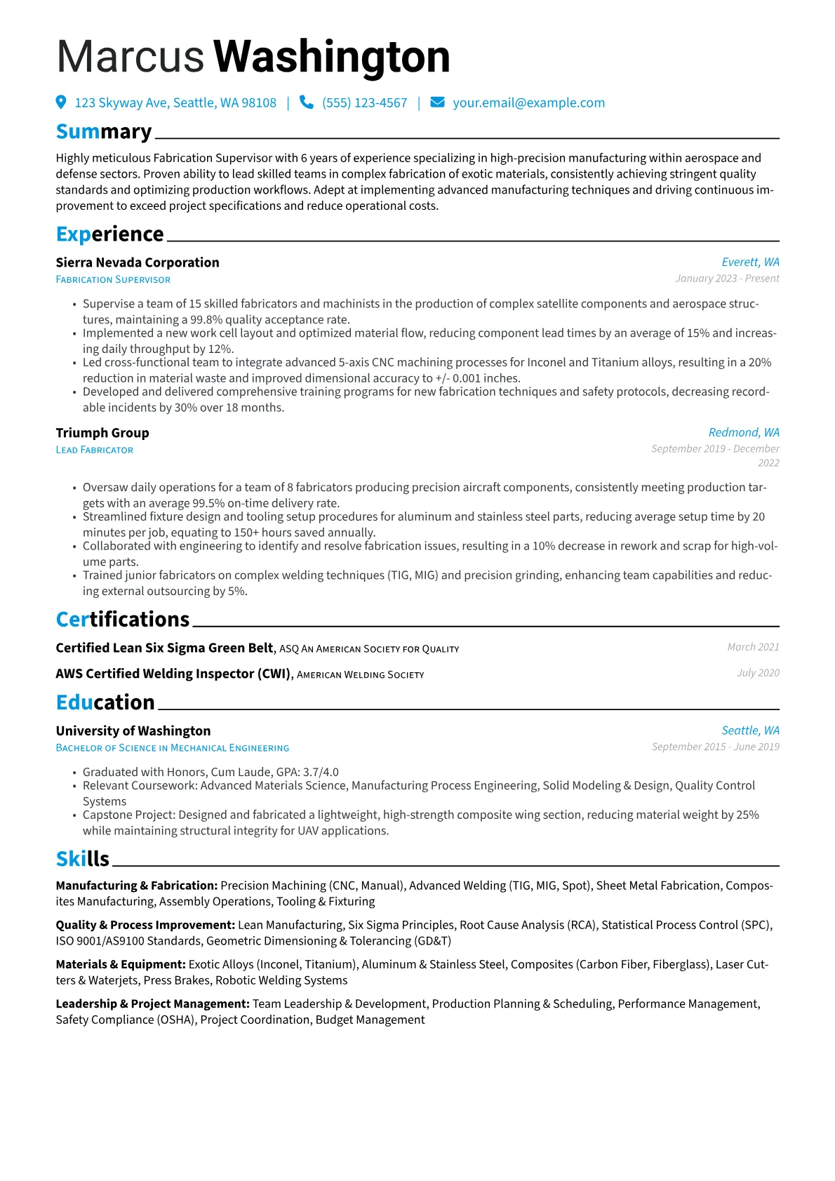 Fabrication Supervisor resume example, Aerospace Fabrication, page 1