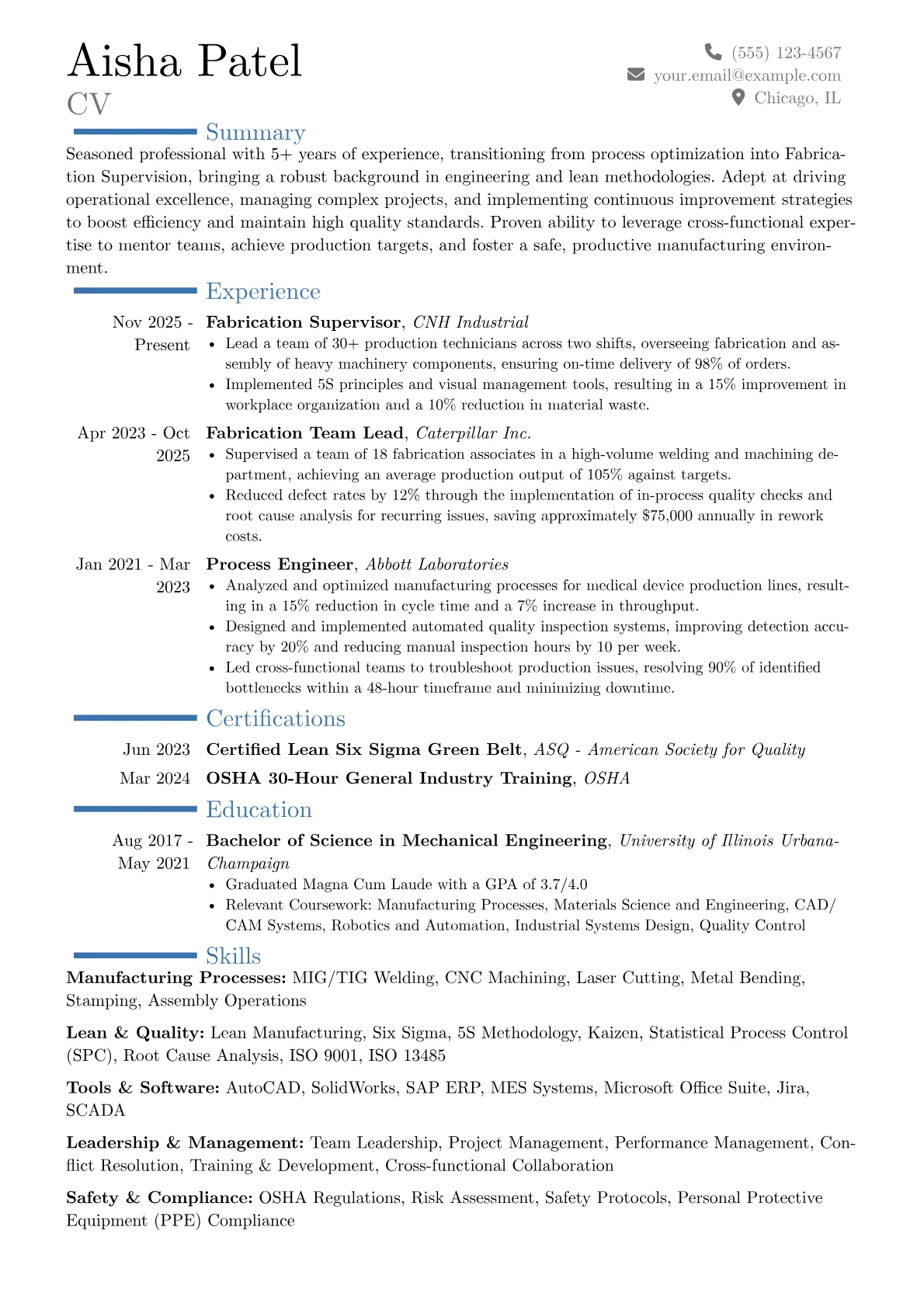 Fabrication Supervisor resume example, Career changer, page 1