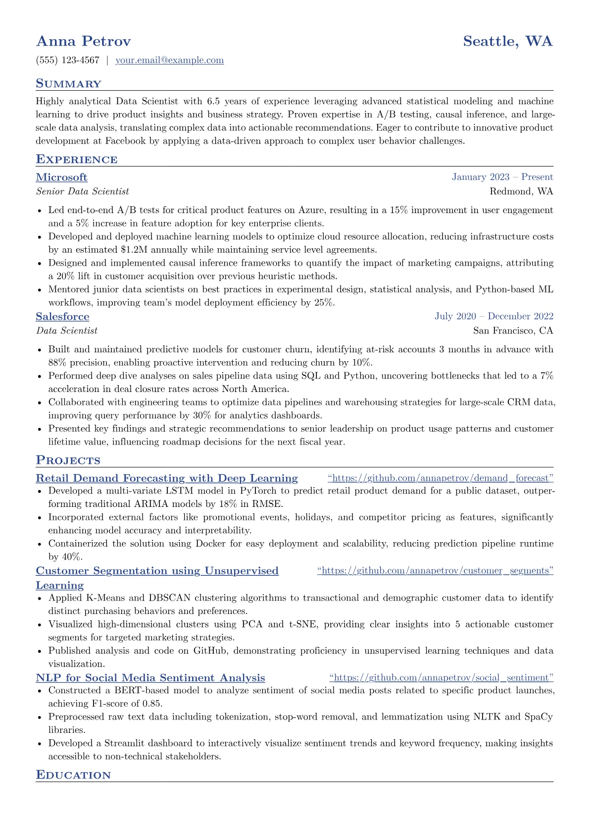 Facebook resume example, Data Scientist, page 1