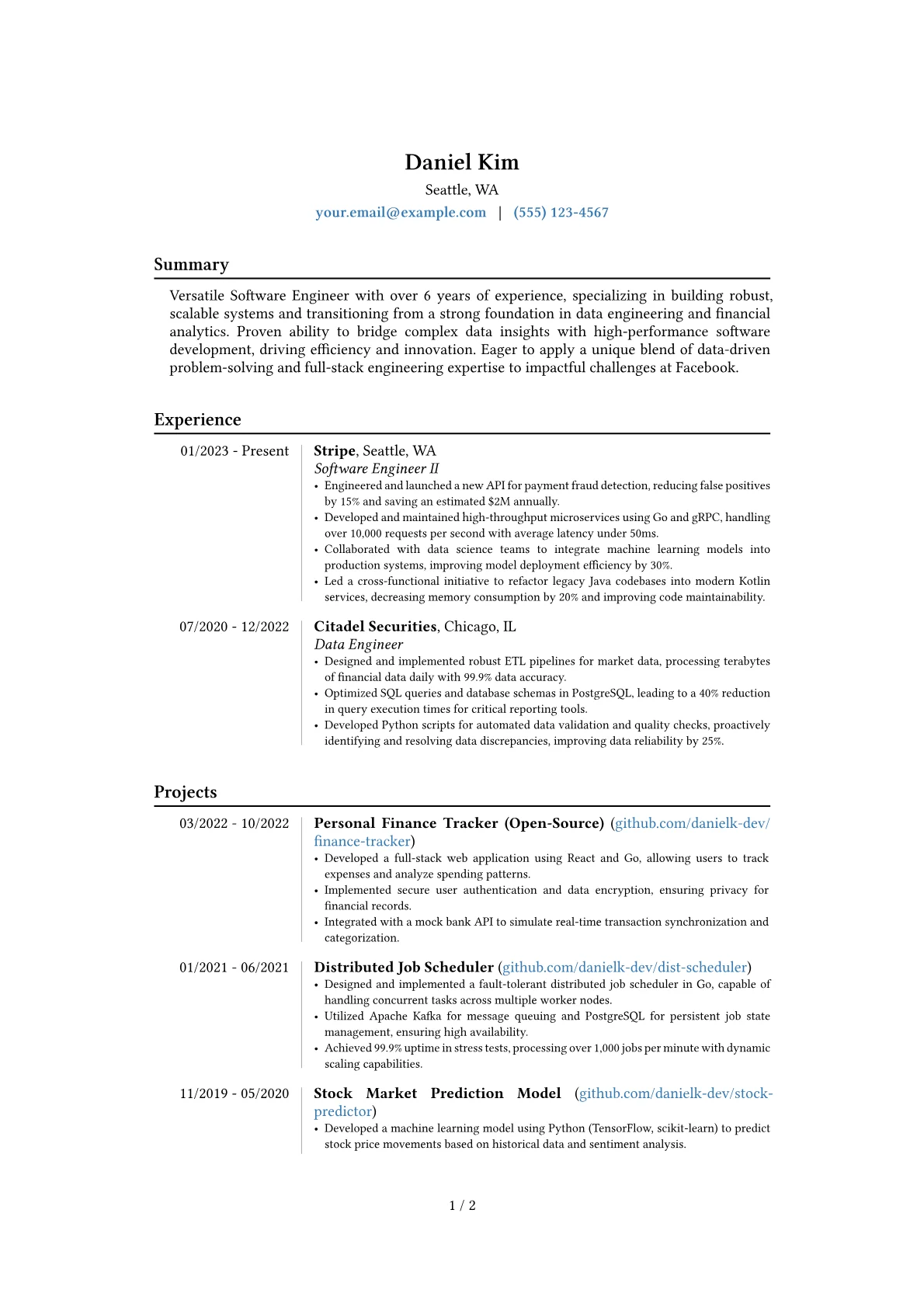 Facebook resume example, Career changer, page 1