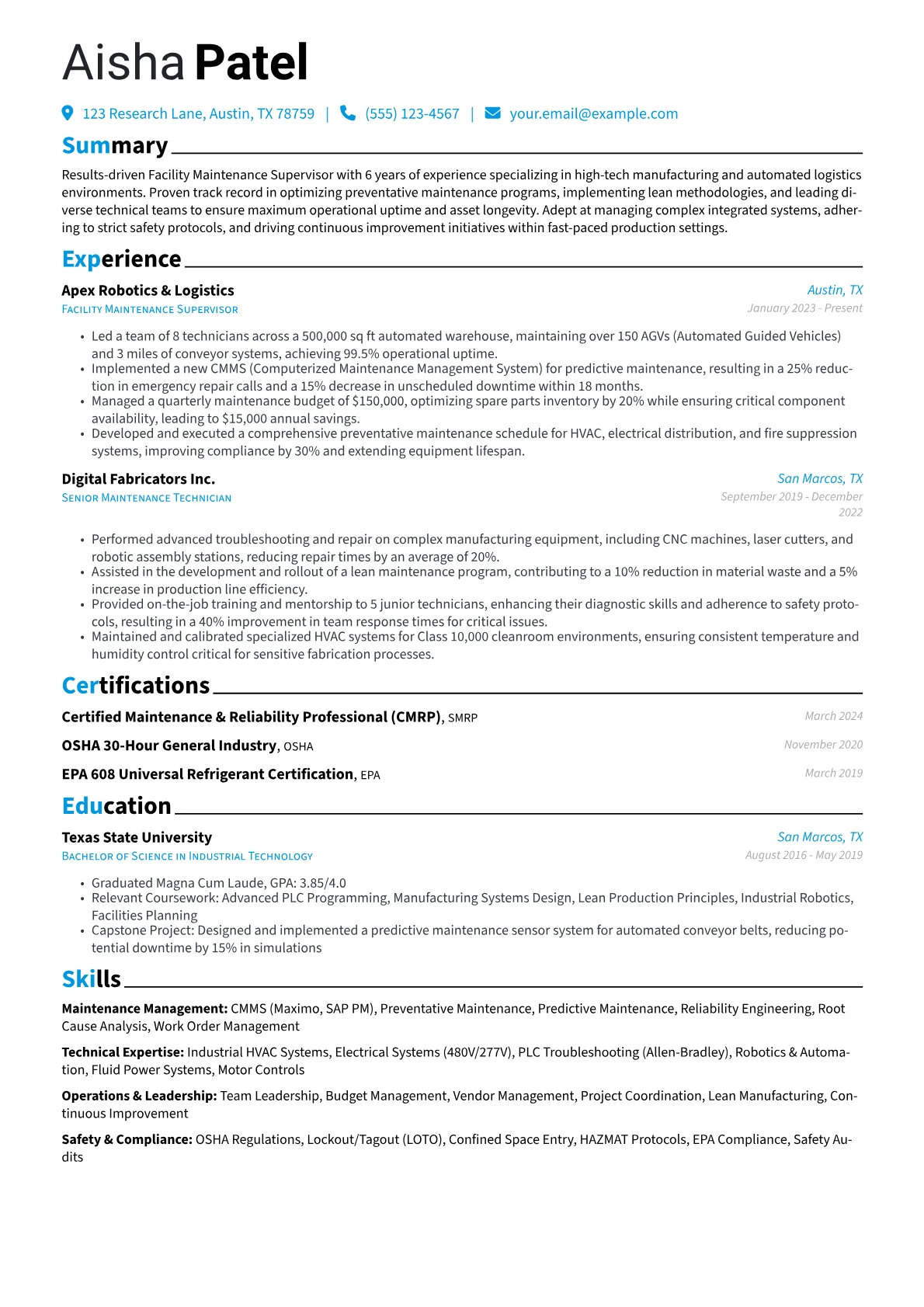 Facility Maintenance Supervisor resume example, High-Tech, page 1