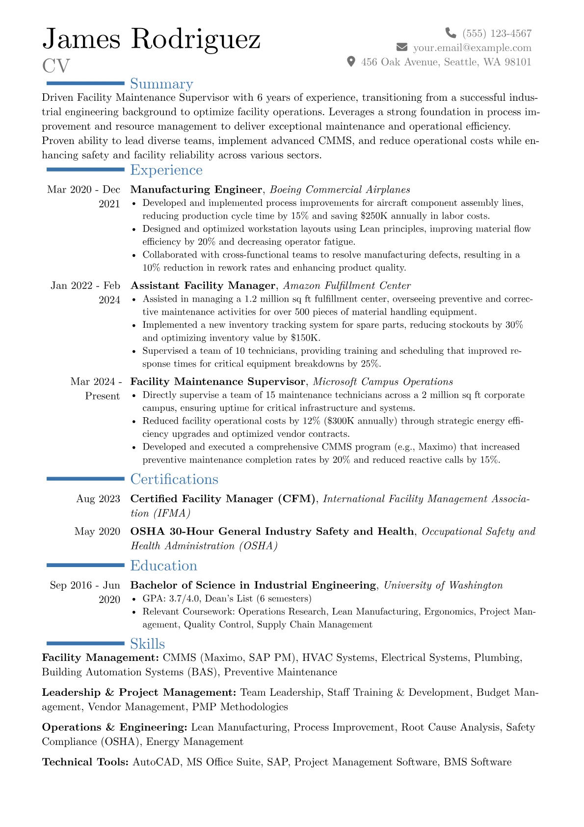 Facility Maintenance Supervisor resume example, Career changer, page 1
