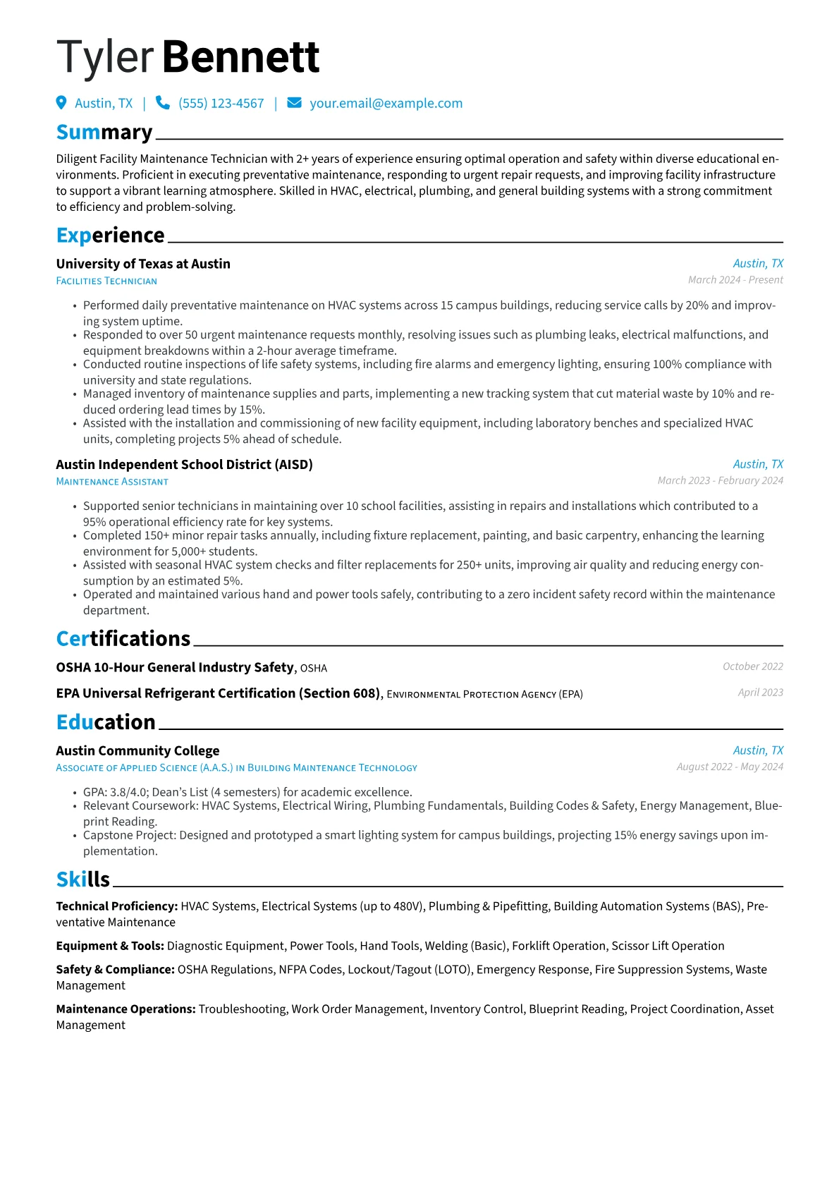 Facility Maintenance Technician resume example, Educational Facility, page 1