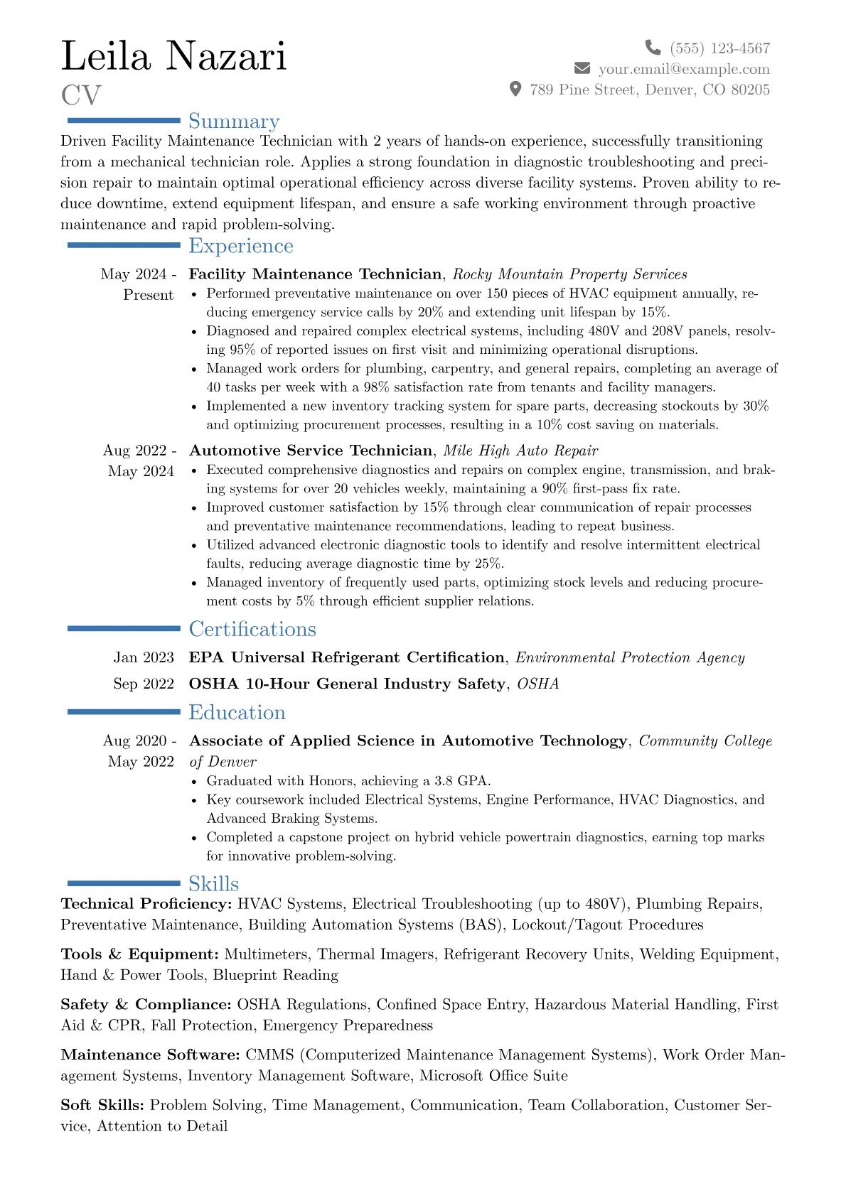 Facility Maintenance Technician resume example, Career changer, page 1