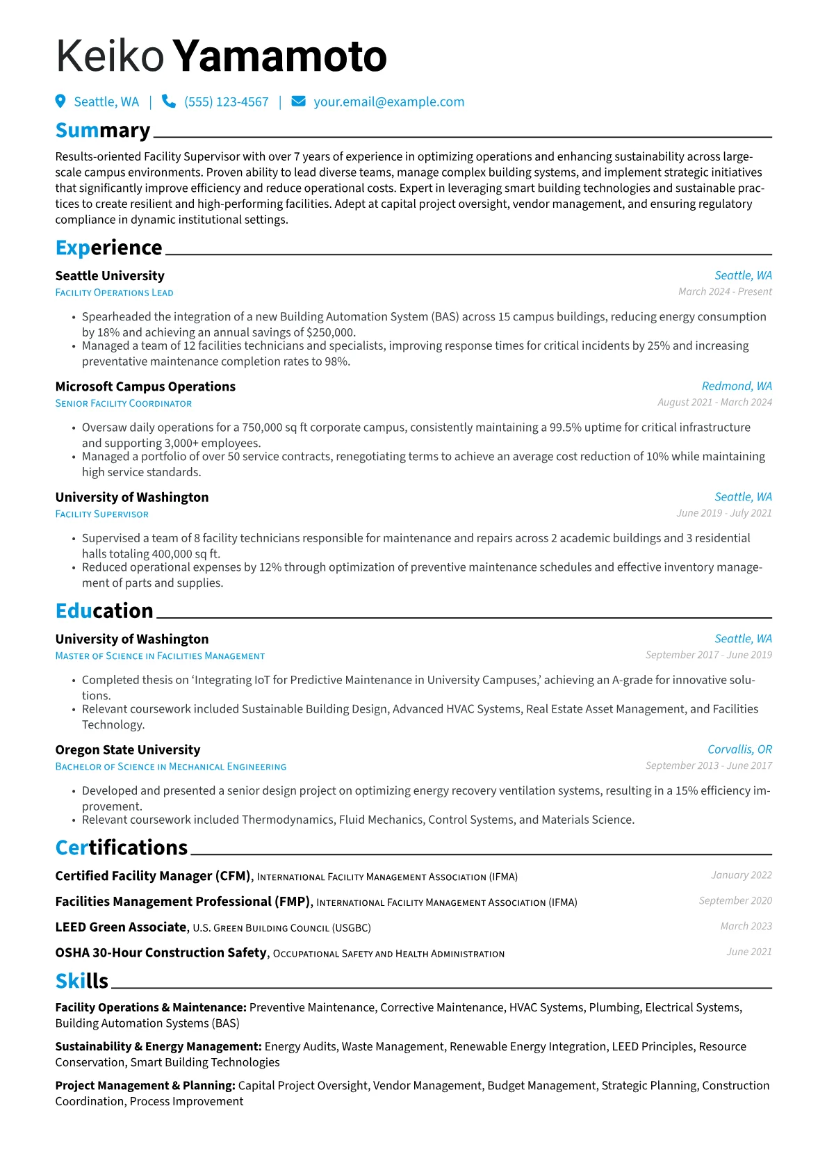 Facility Supervisor resume example, Sustainable Campus, page 1