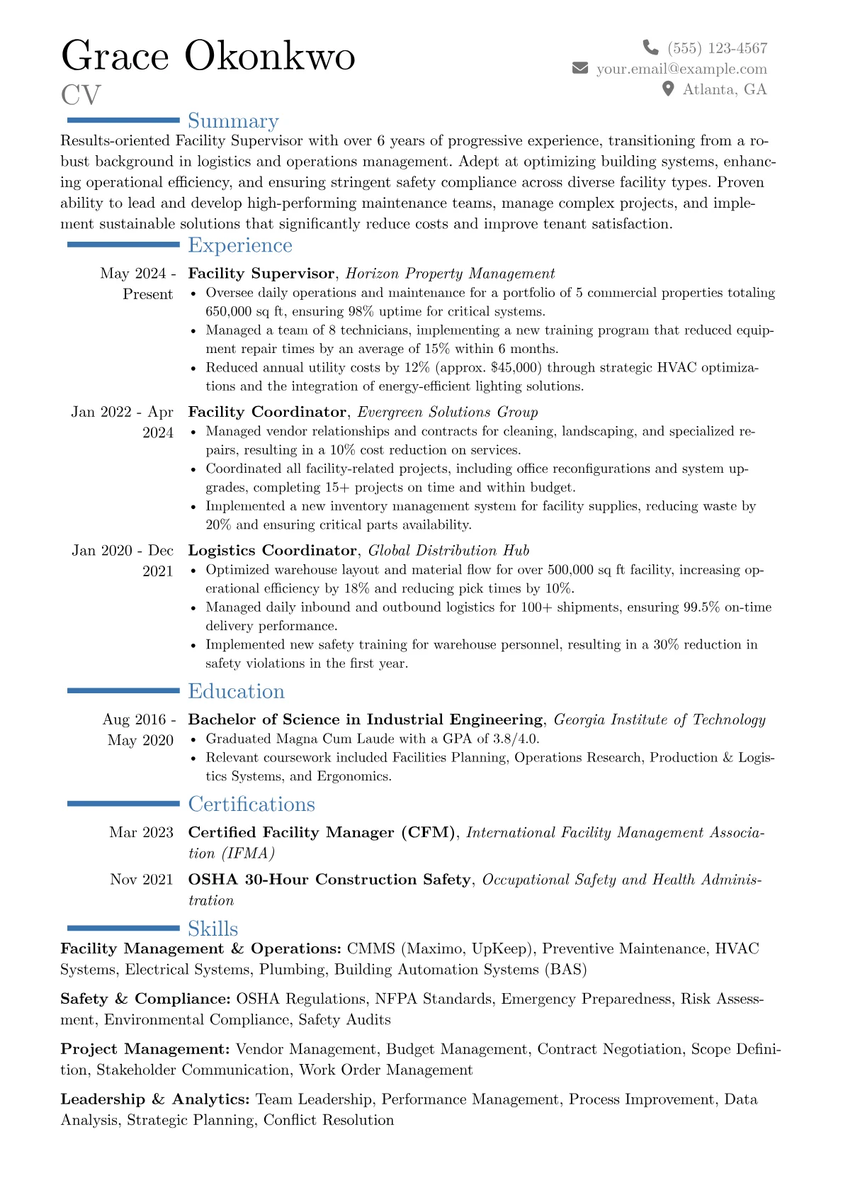 Facility Supervisor resume example, Career changer, page 1