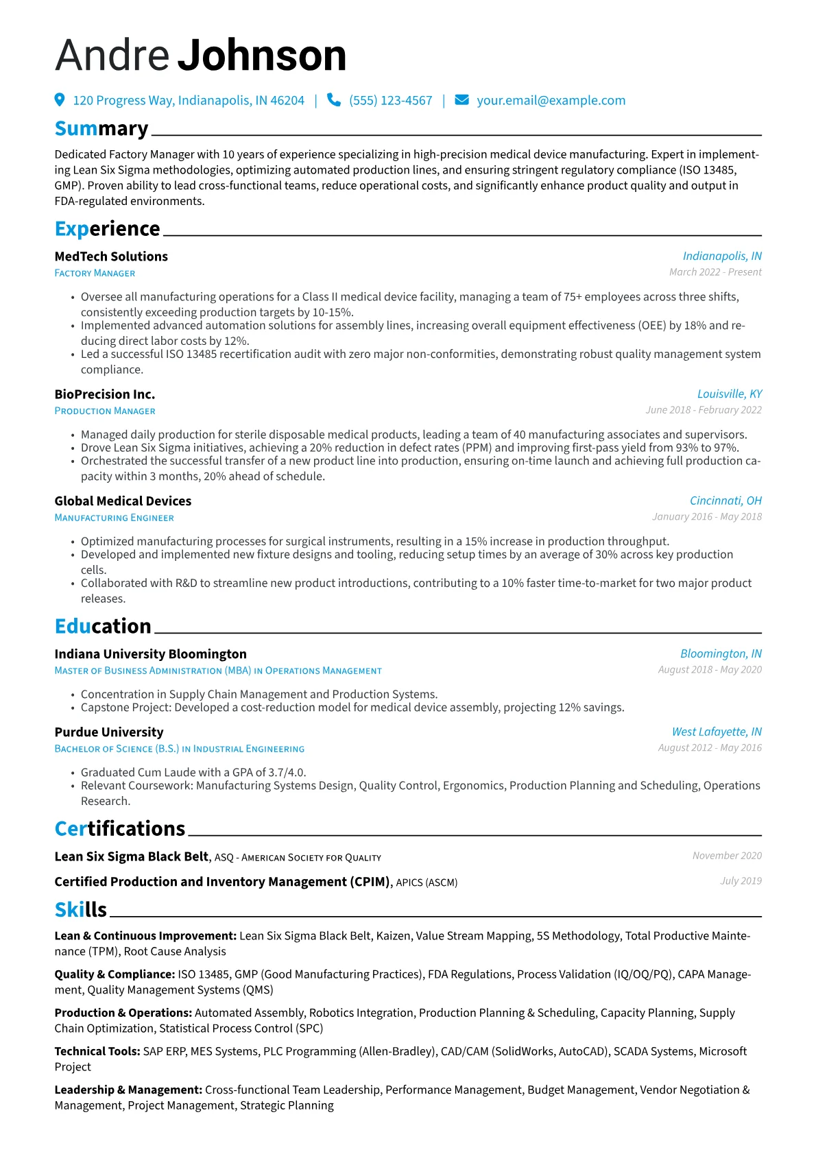 Factory Manager resume example, Factory Manager - Andre, page 1