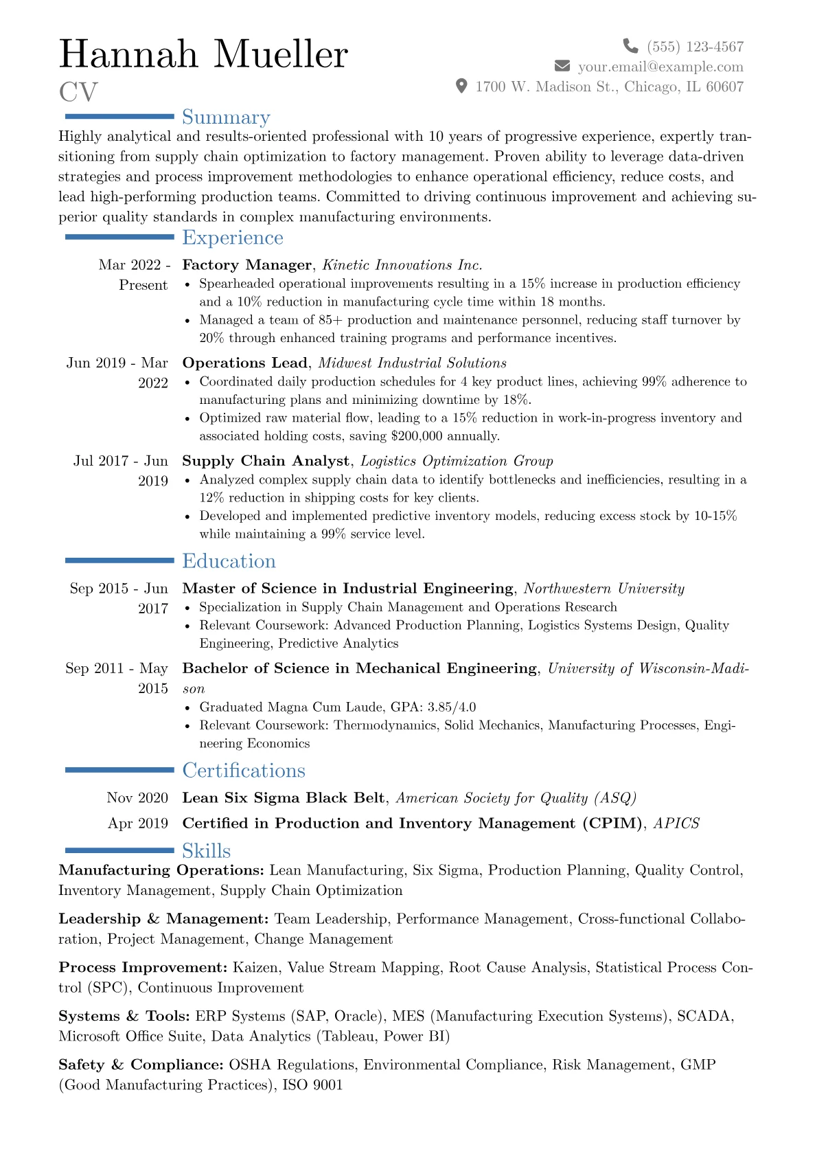 Factory Manager resume example, Career changer, page 1