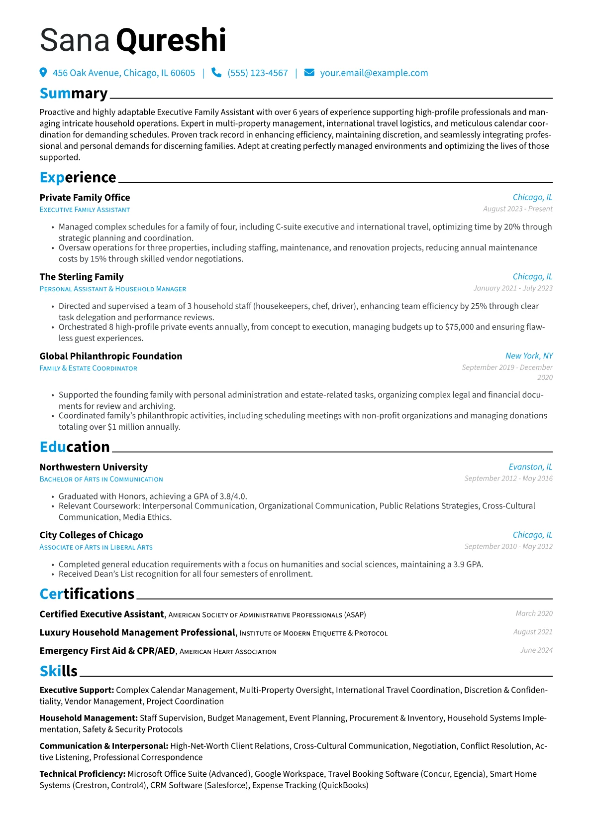 Family Assistant resume example, Executive & HNW Family, page 1