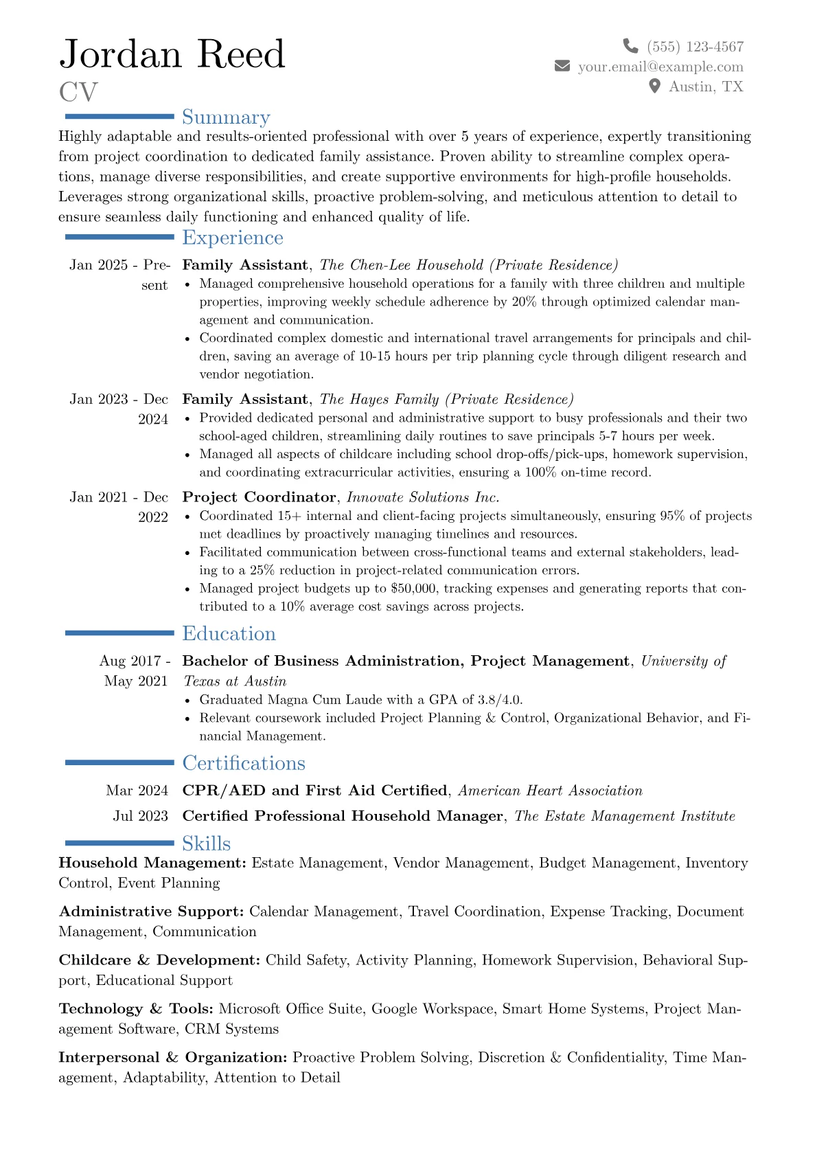 Family Assistant resume example, Career changer, page 1
