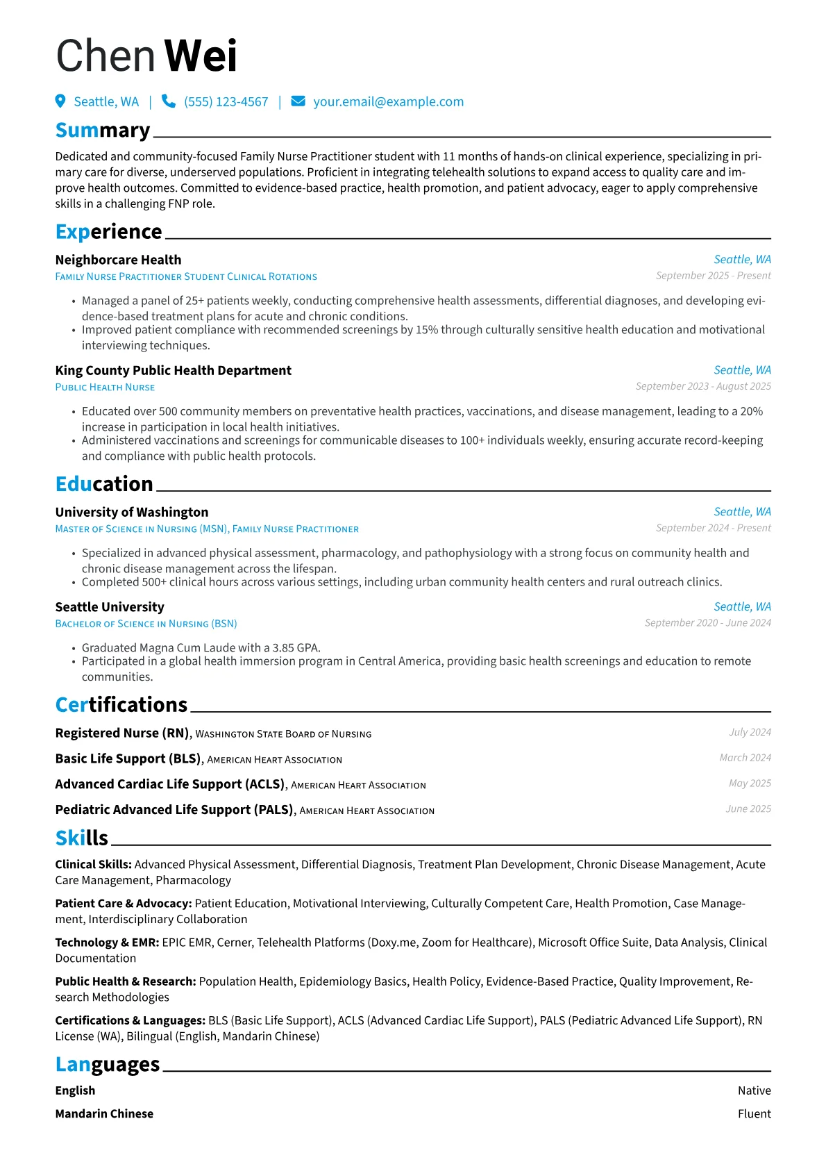 Family Nurse Practitioner Student resume example, FNP Student - Community, page 1