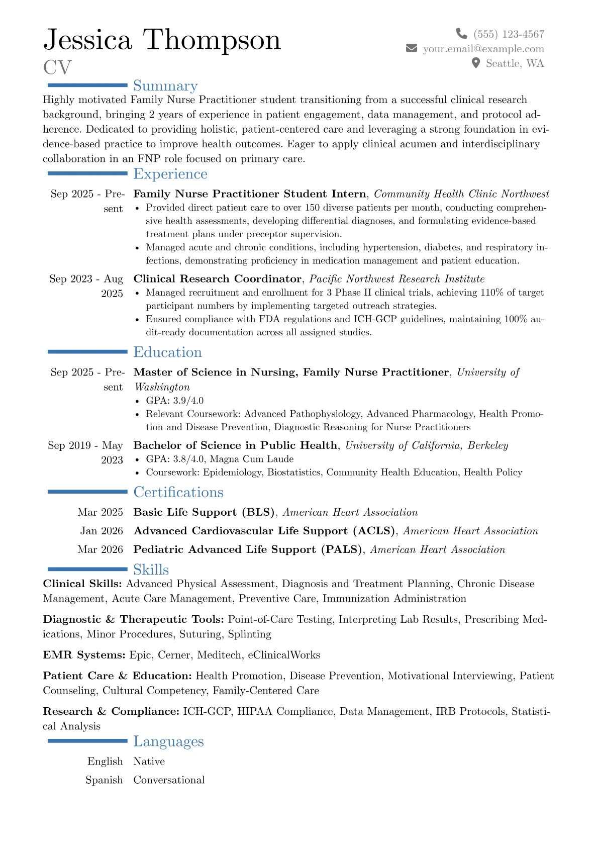 Family Nurse Practitioner Student resume example, Career changer, page 1