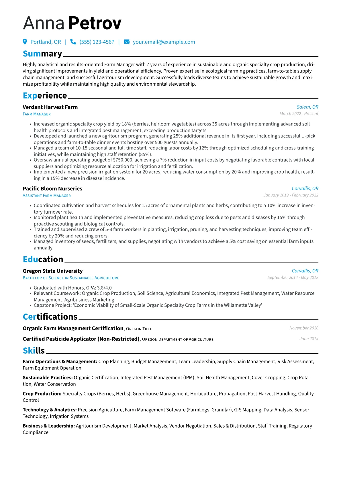 Farm Manager resume example, Sustainable Specialty Crop, page 1