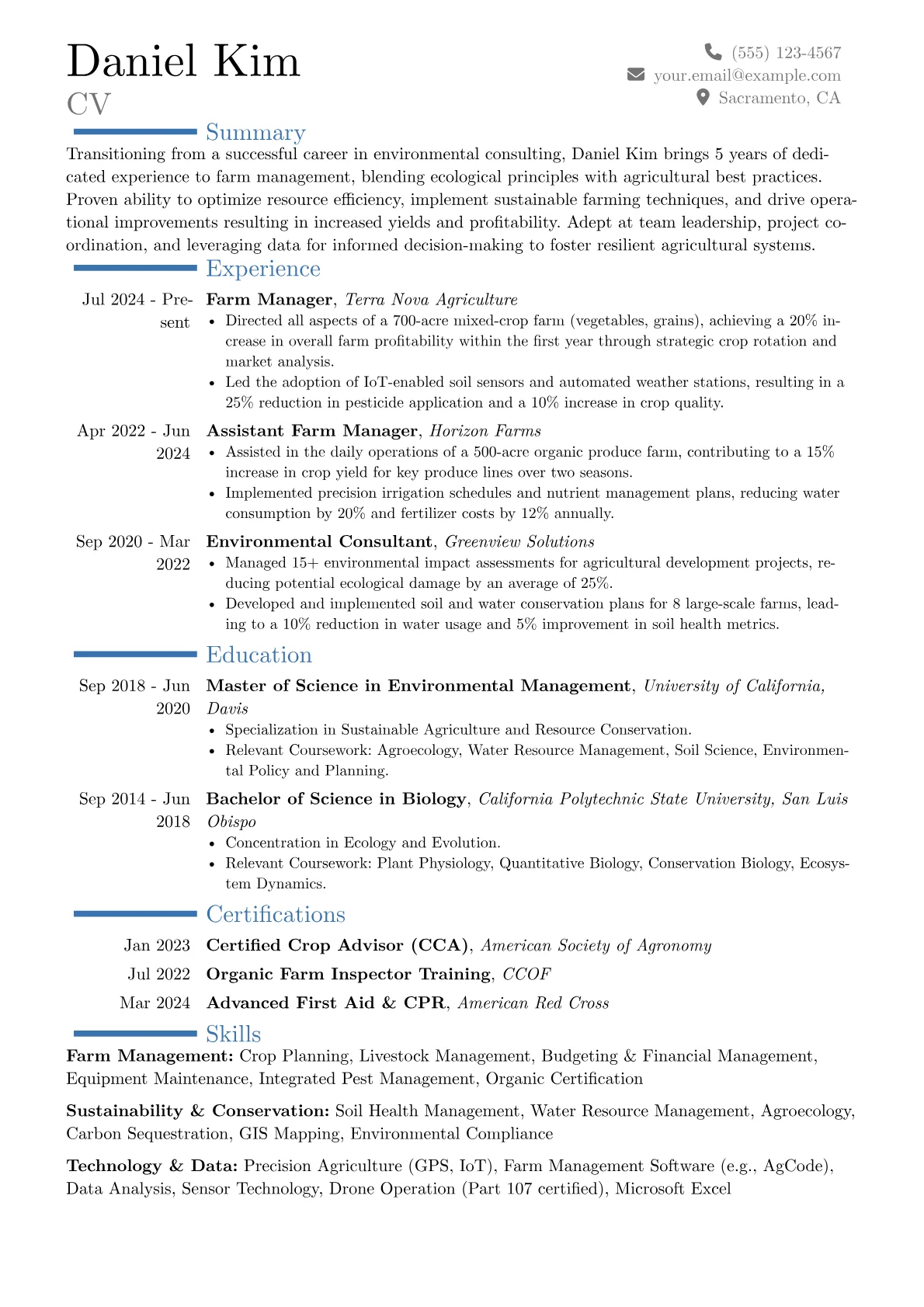 Farm Manager resume example, Career changer, page 1