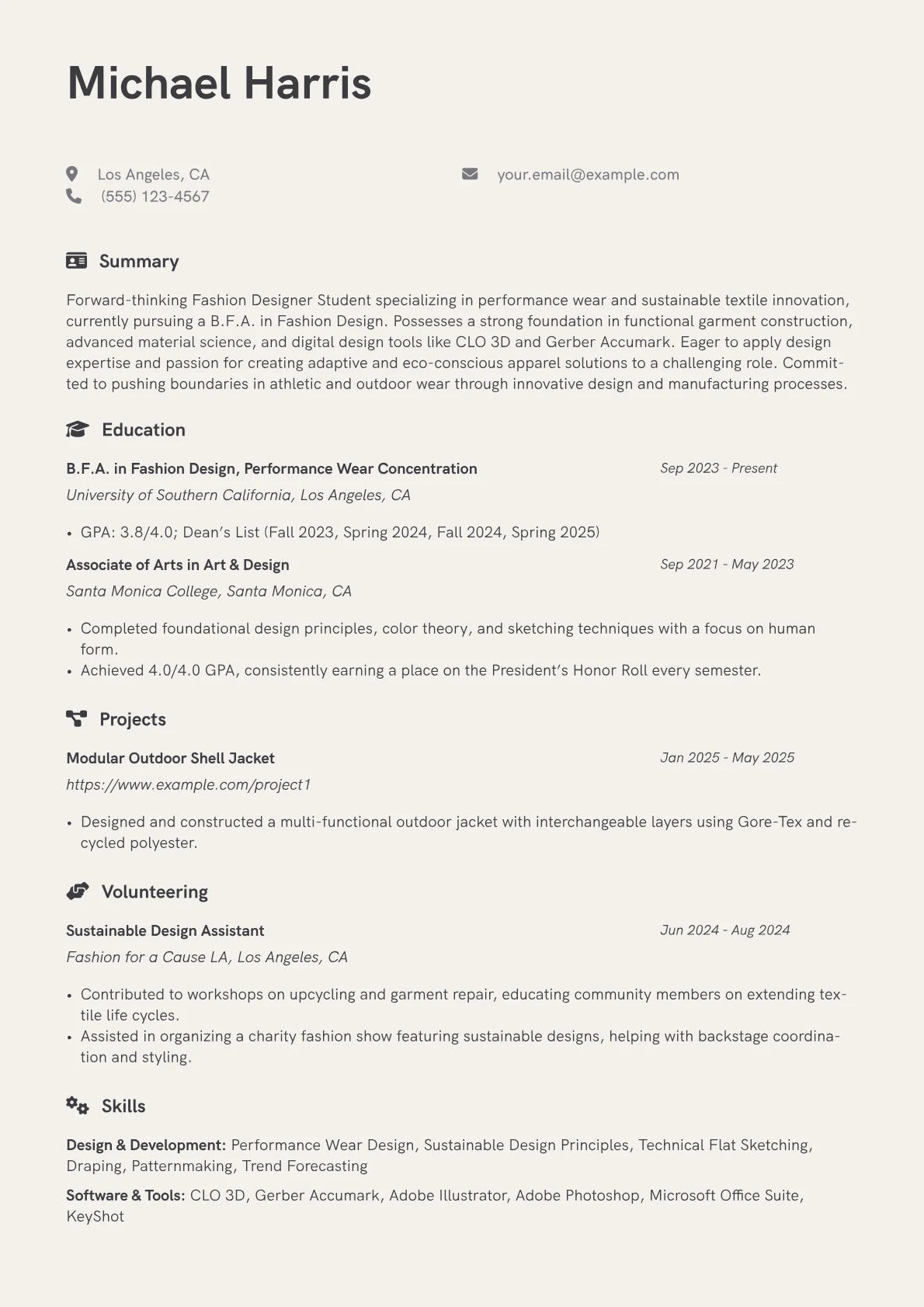 Fashion Designer Student resume example, Design & Development, page 1