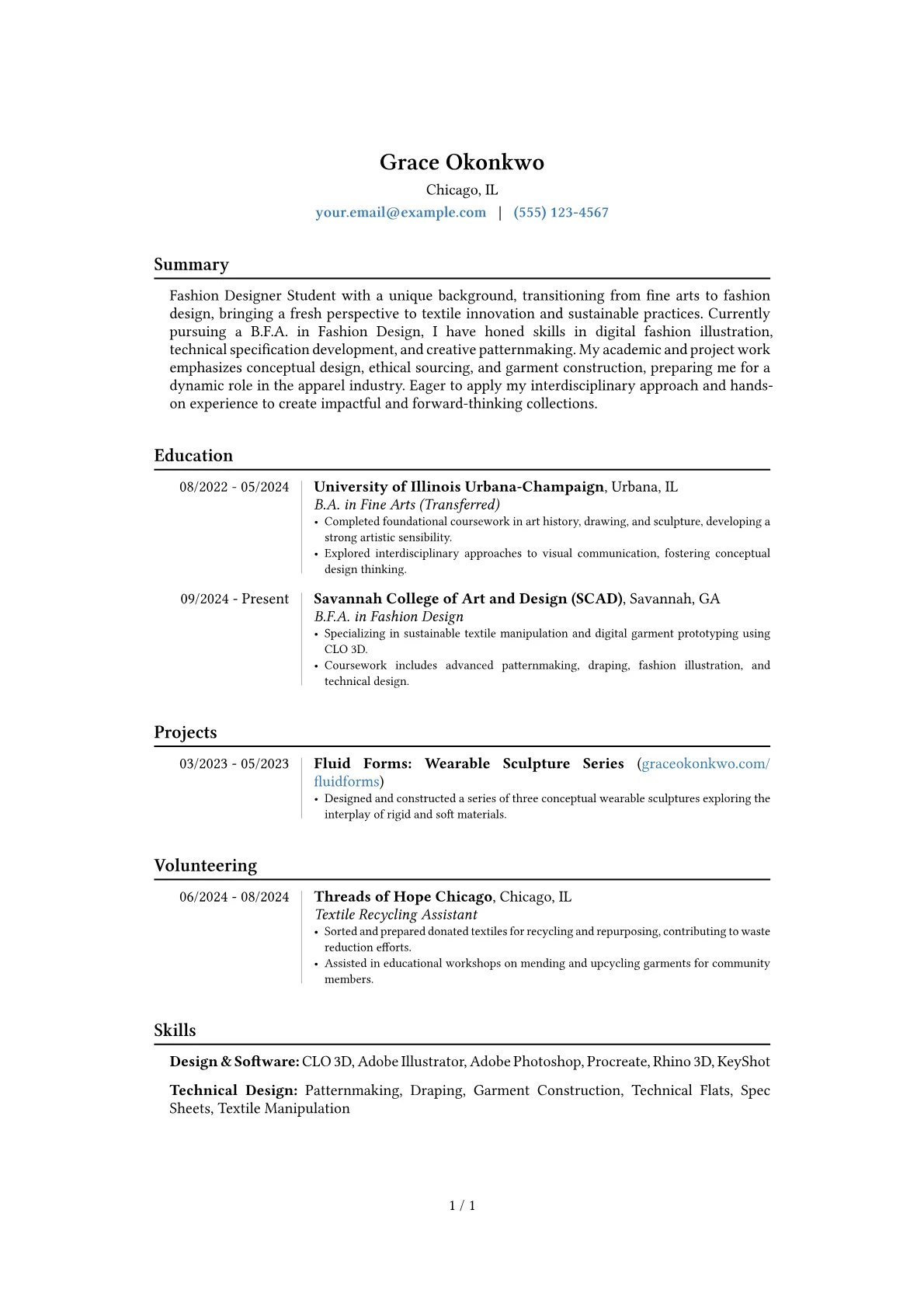 Fashion Designer Student resume example, Career changer, page 1
