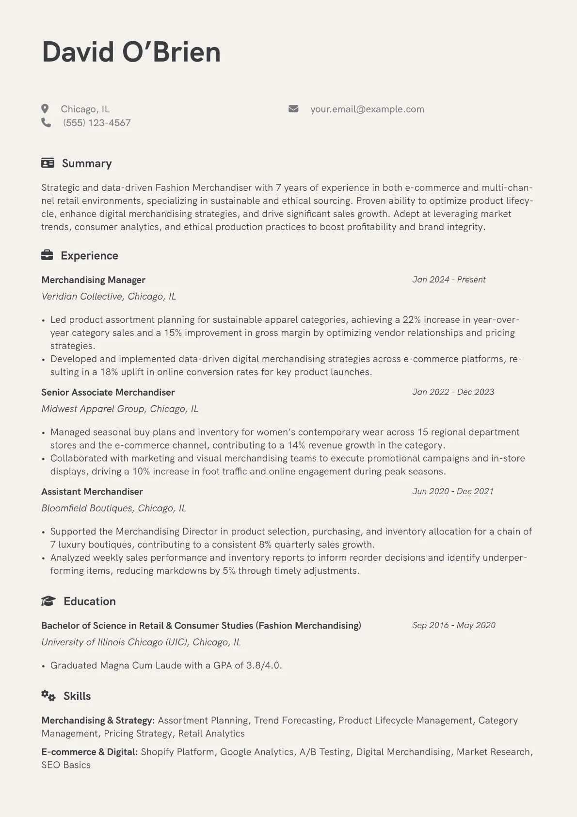 Fashion Merchandiser resume example, Merchandising & Strategy, page 1