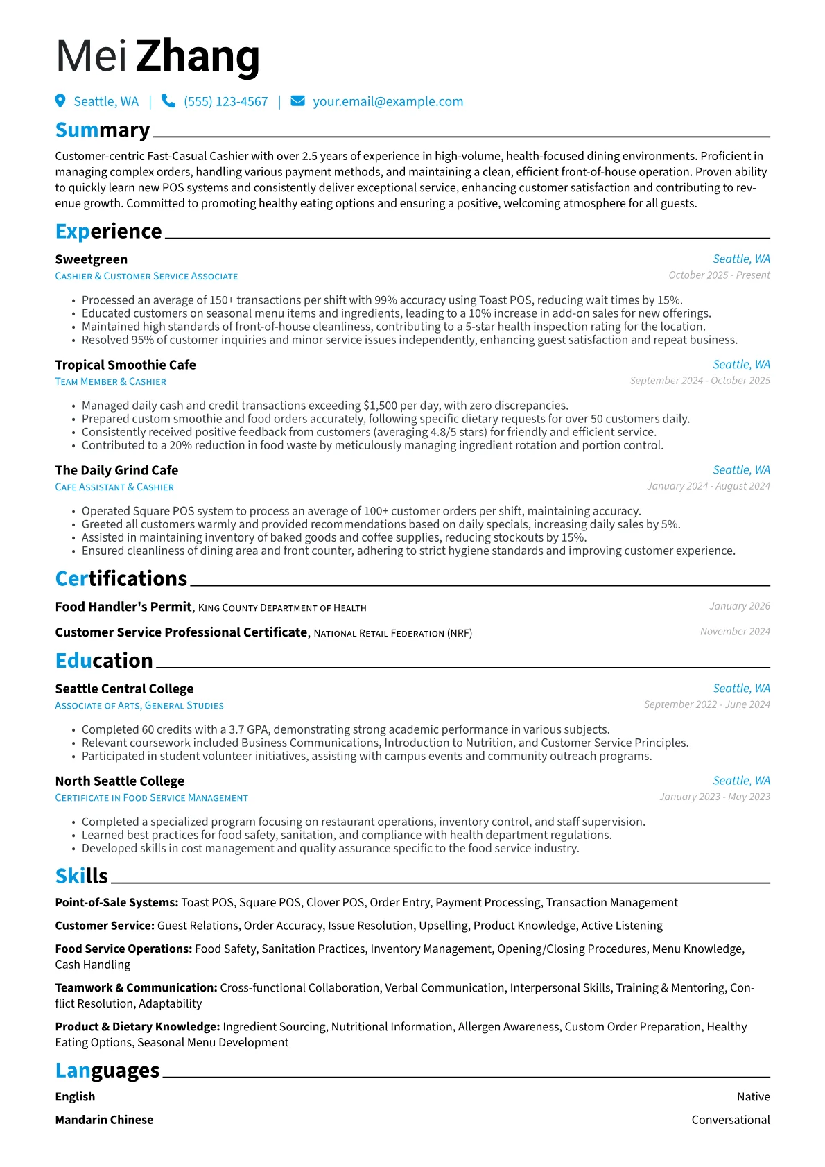 Fast Food Cashier resume example, Fast Food Cashier, page 1