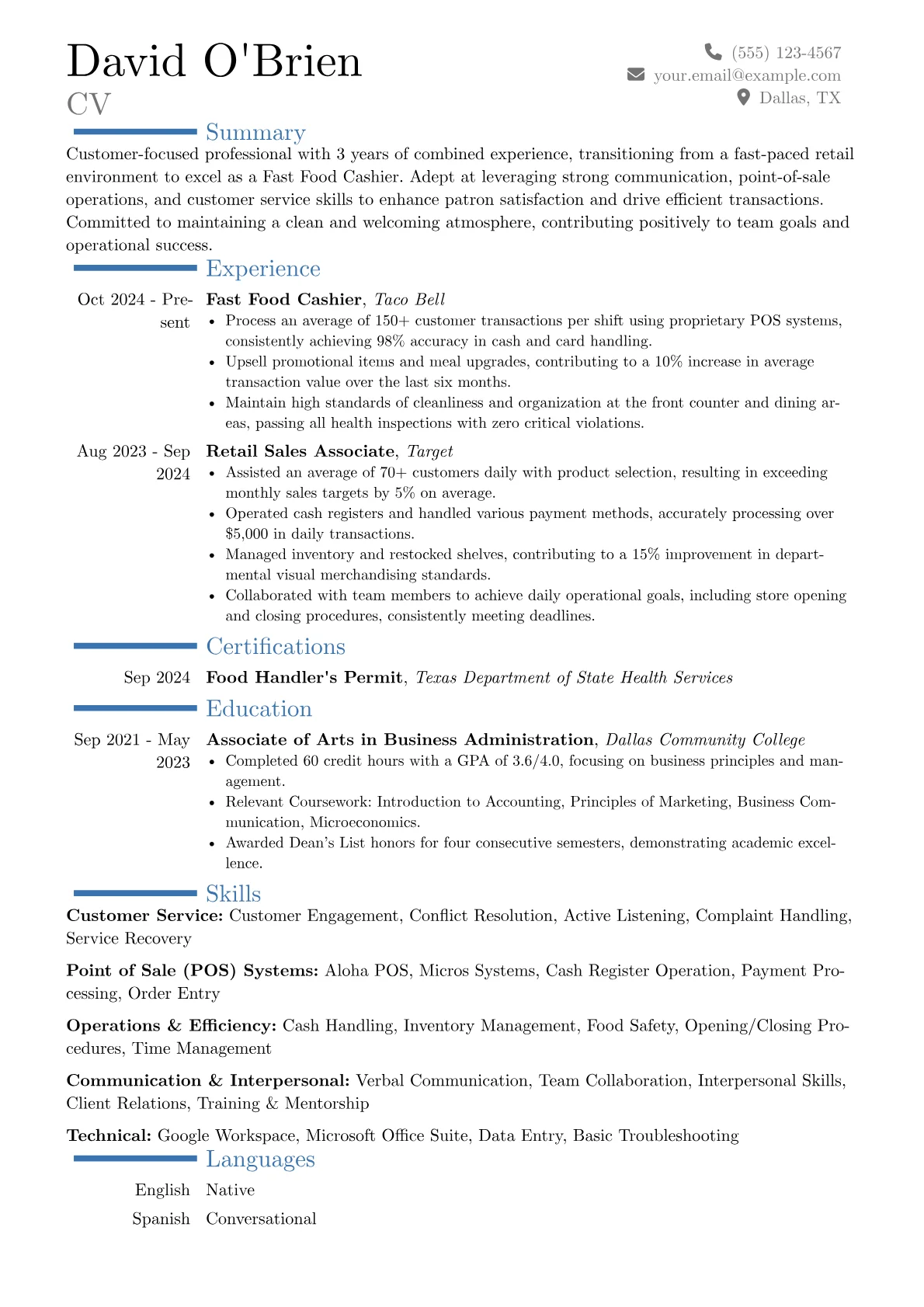 Fast Food Cashier resume example, Career changer, page 1