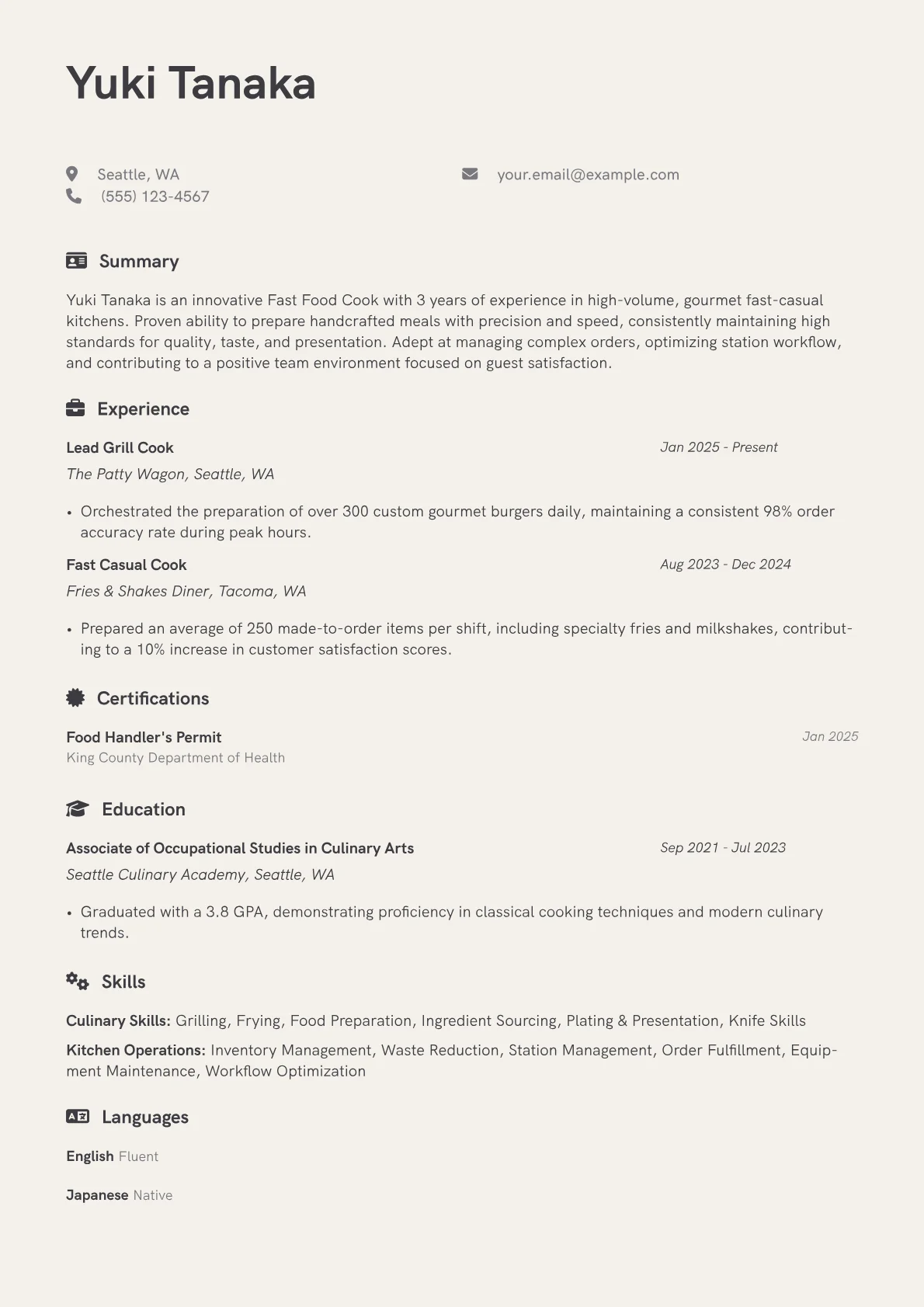 Fast Food Cook resume example, Gourmet Fast Casual, page 1