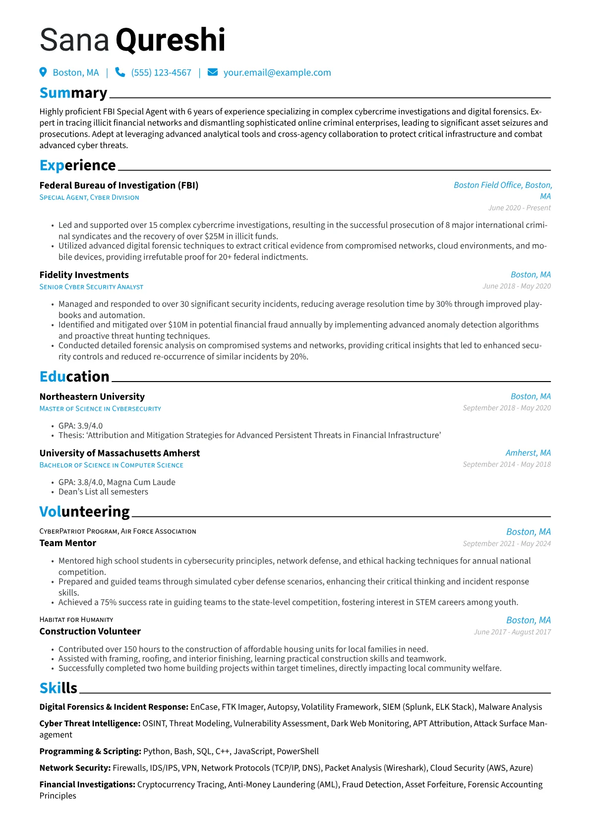 FBI Special Agent resume example, Digital Forensics, page 1