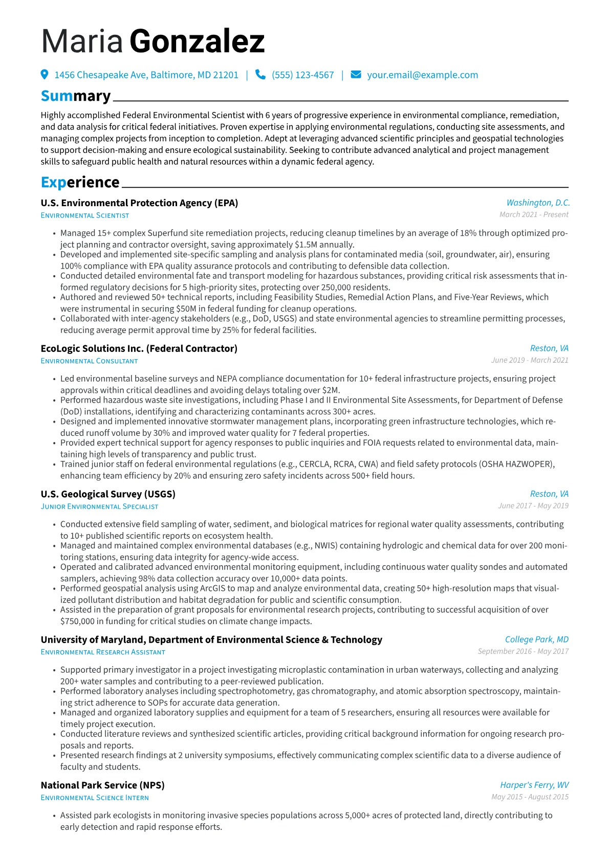 Federal resume example, Federal Environmental, page 1