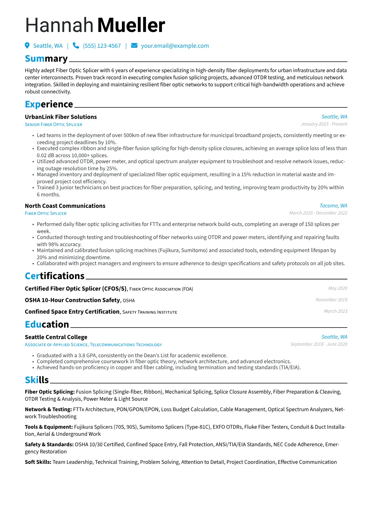 Fiber Optic Splicer resume example, Urban Infrastructure, page 1