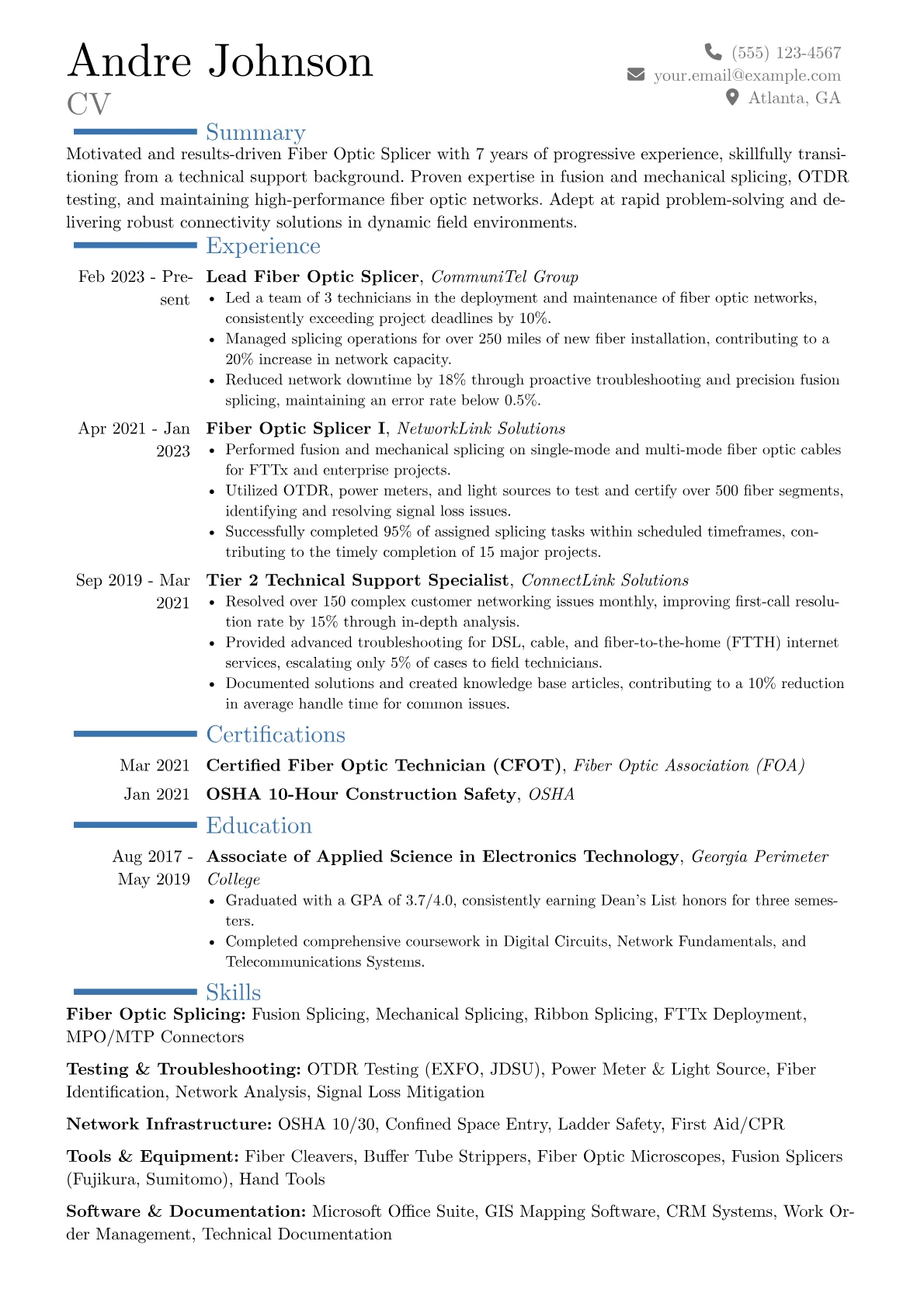 Fiber Optic Splicer resume example, Career changer, page 1