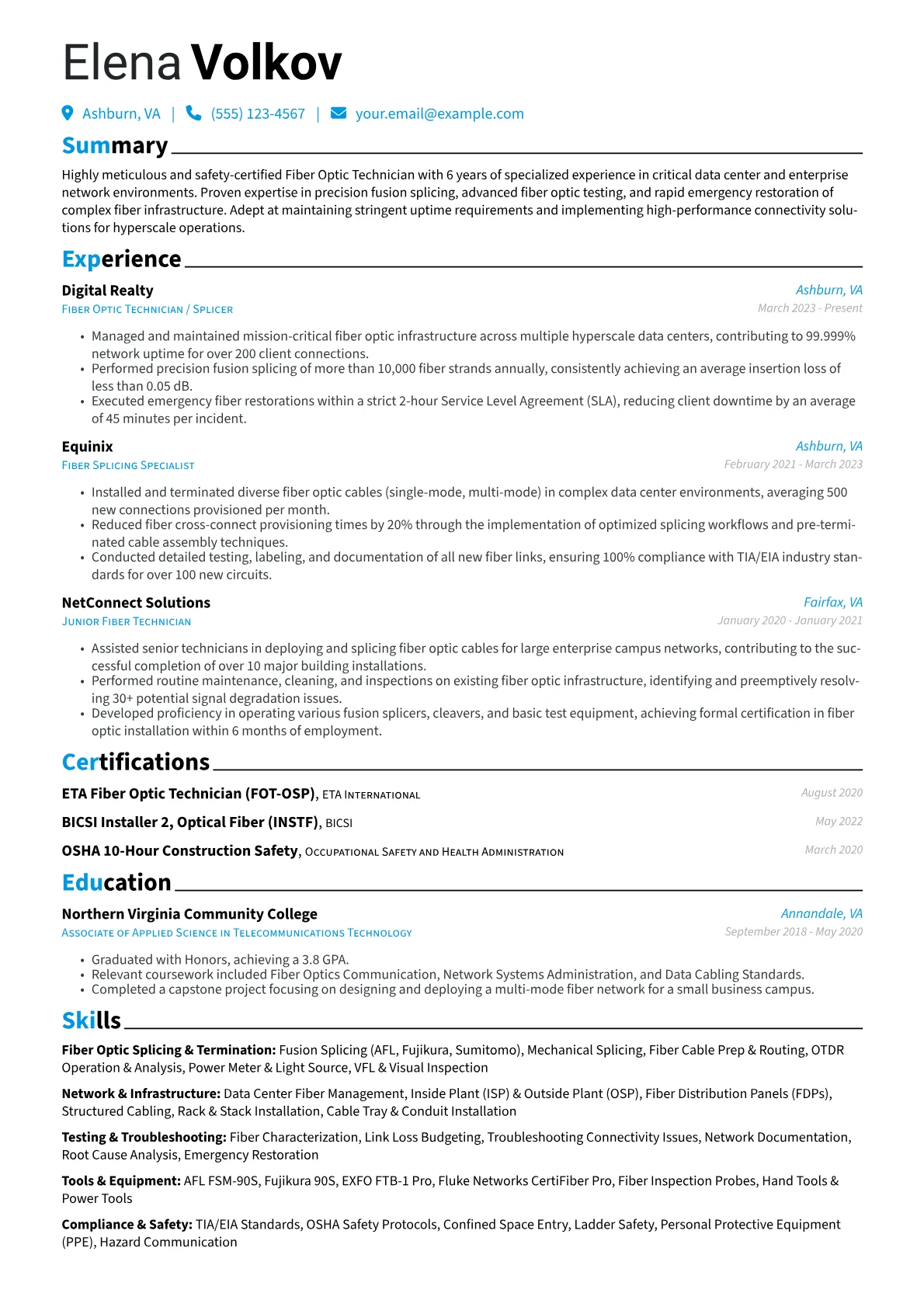Fiber Splicer resume example, Data Center Specialist, page 1