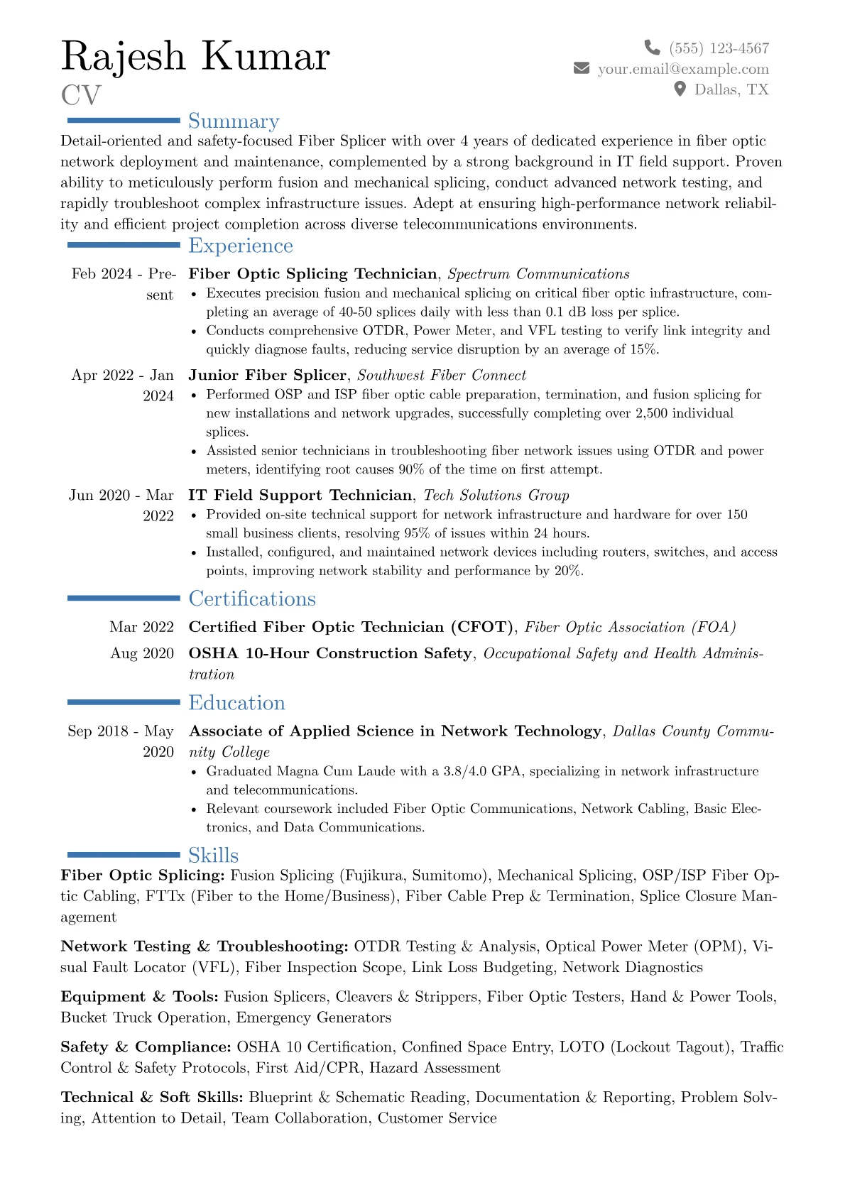 Fiber Splicer resume example, Career changer, page 1