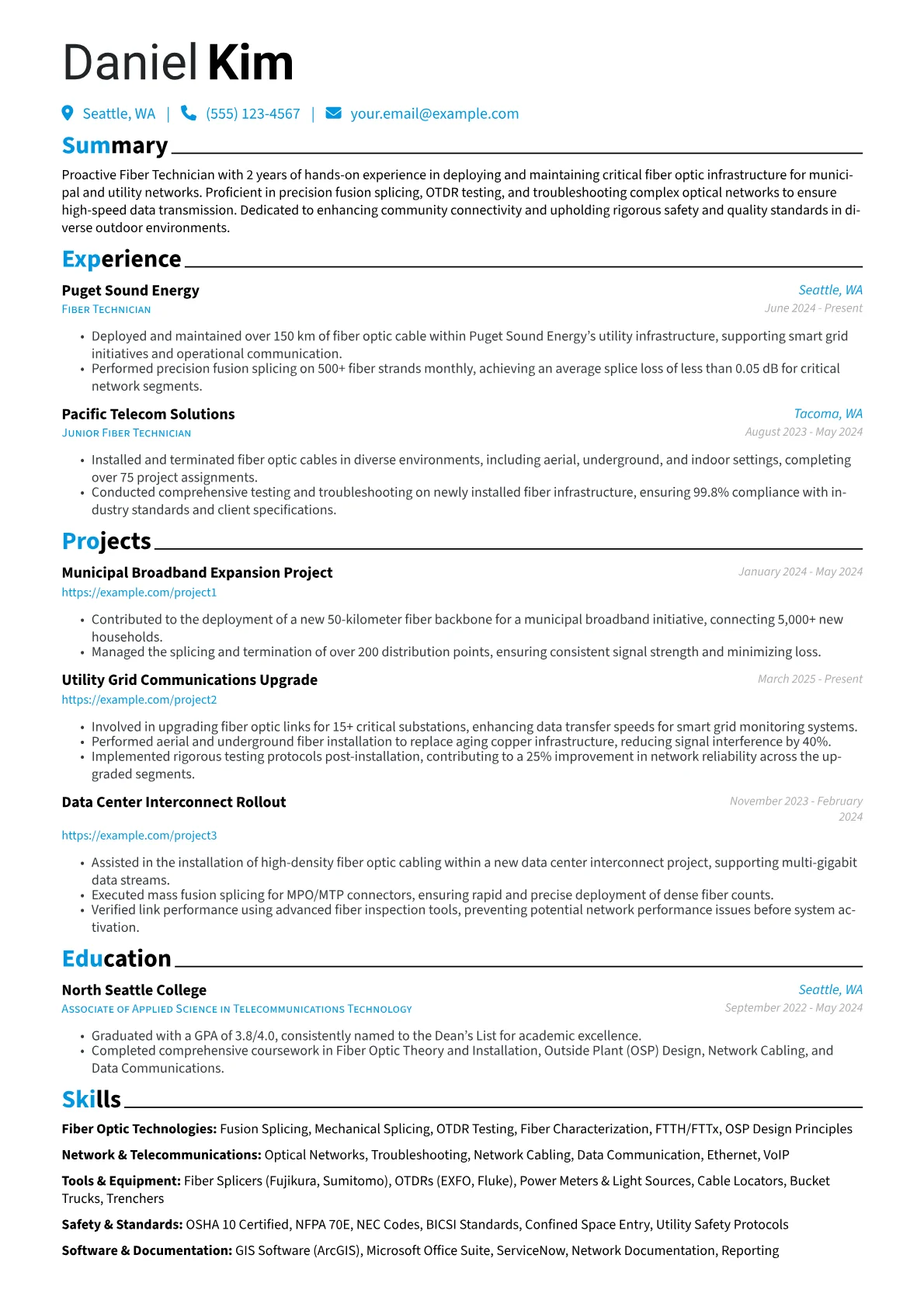 Fiber Technician resume example, Fiber Optic Technologies, page 1