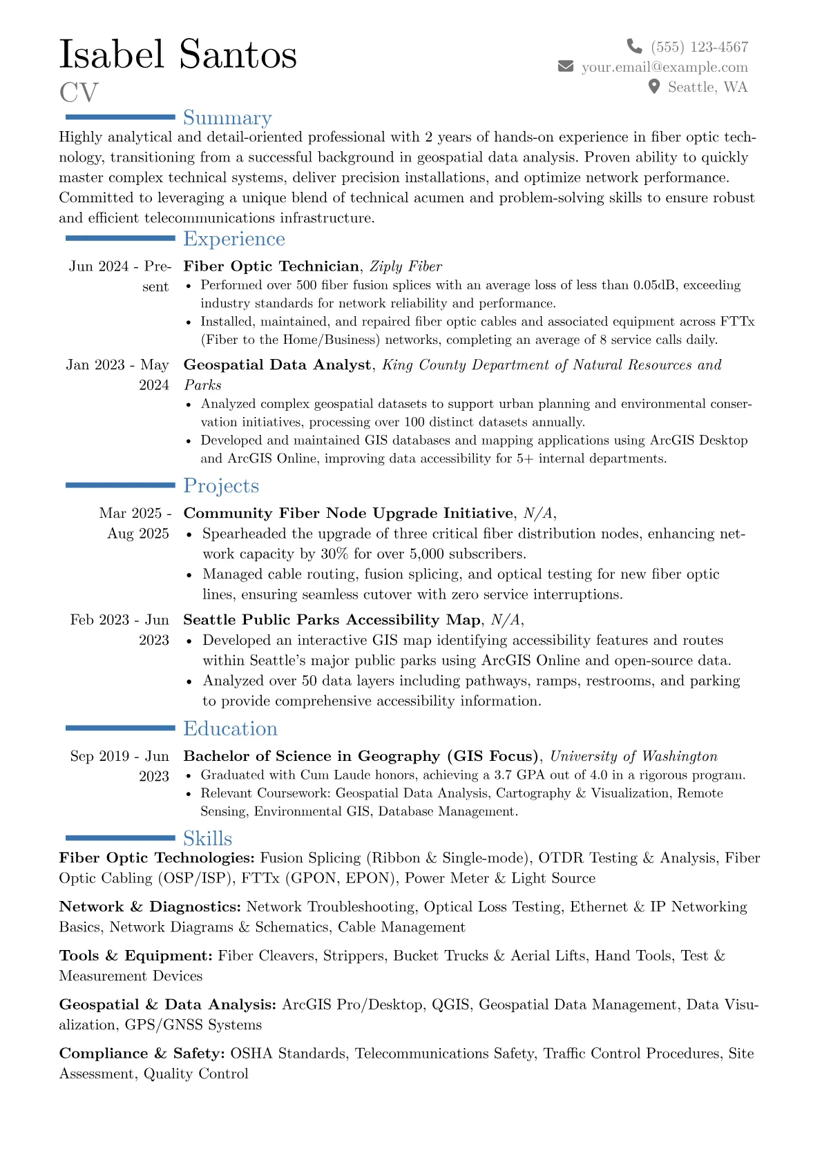 Fiber Technician resume example, Career changer, page 1