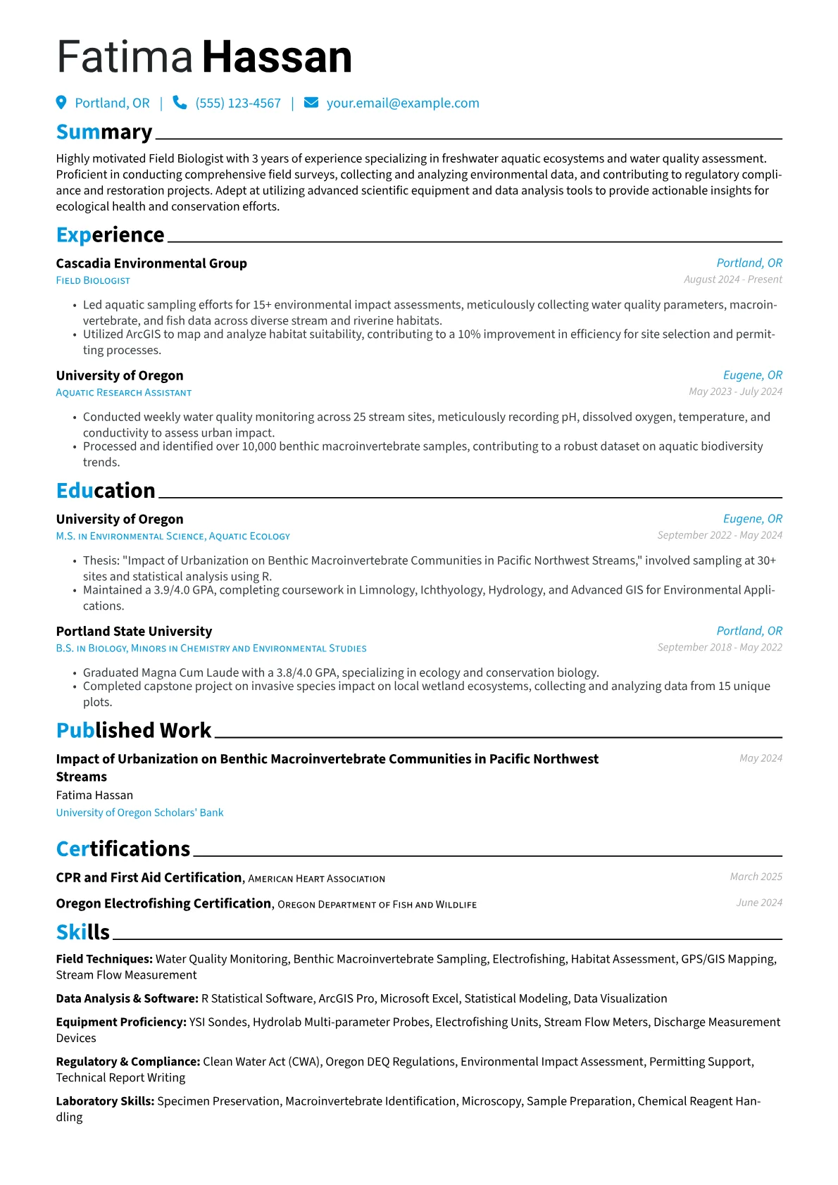Field Biologist resume example, Freshwater Aquatic Field, page 1