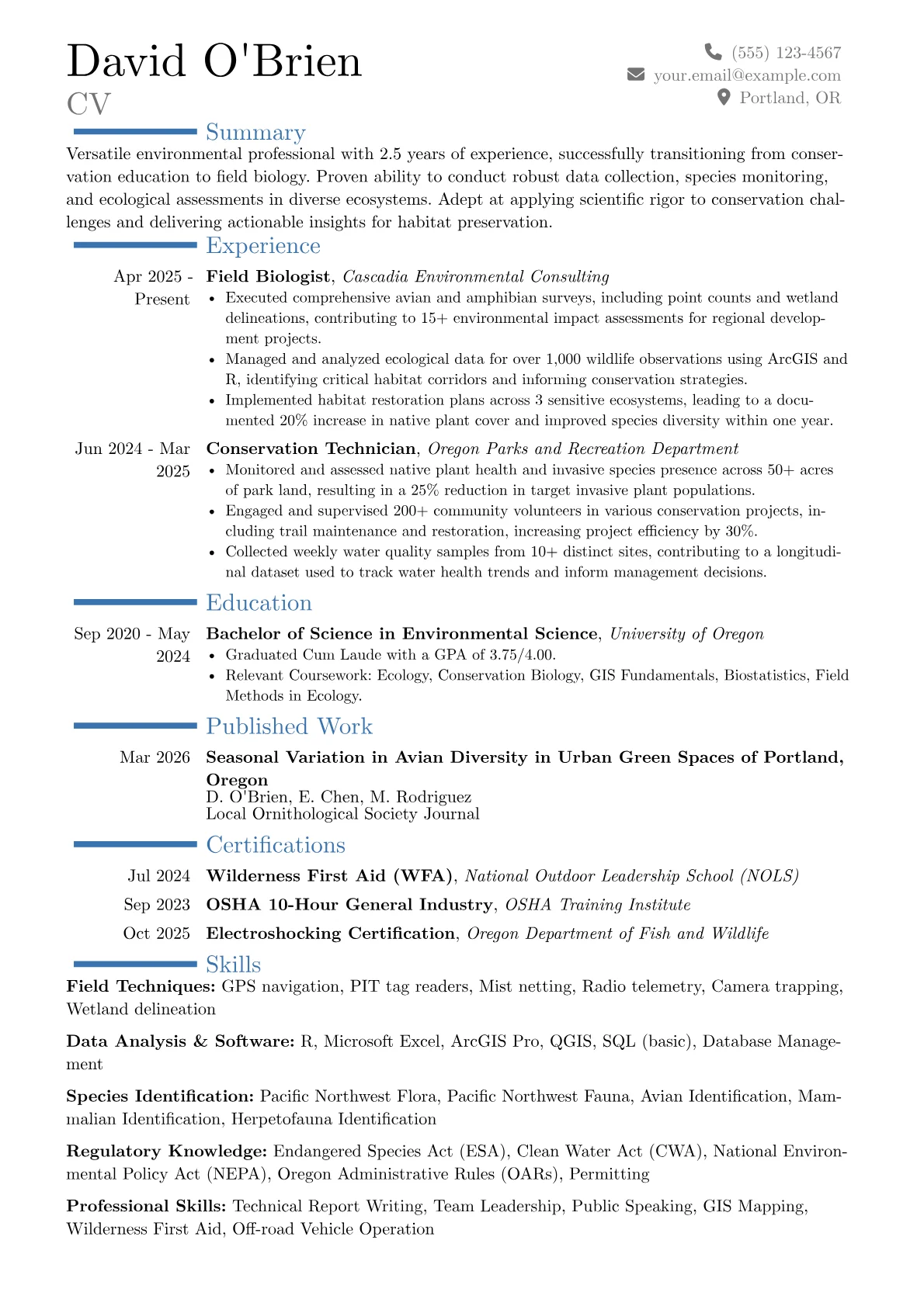 Field Biologist resume example, Career changer, page 1