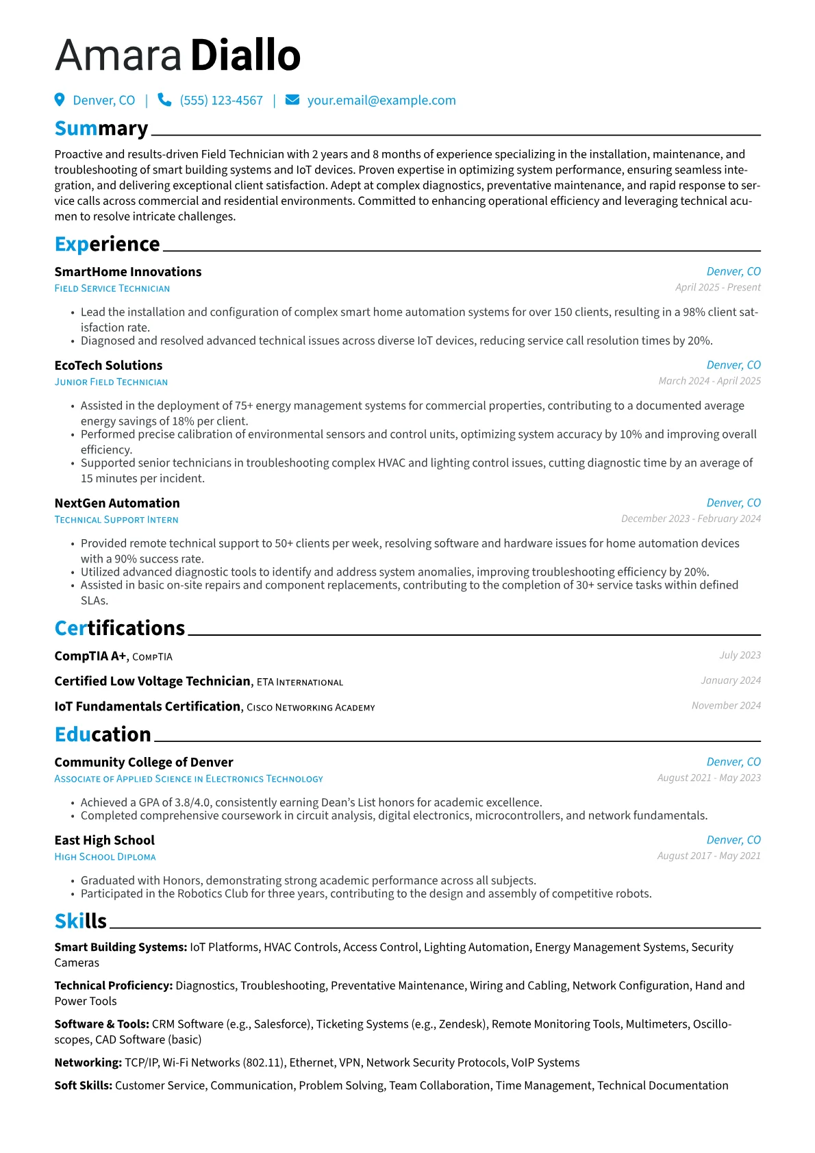 Field Technician resume example, Smart Building/IoT, page 1