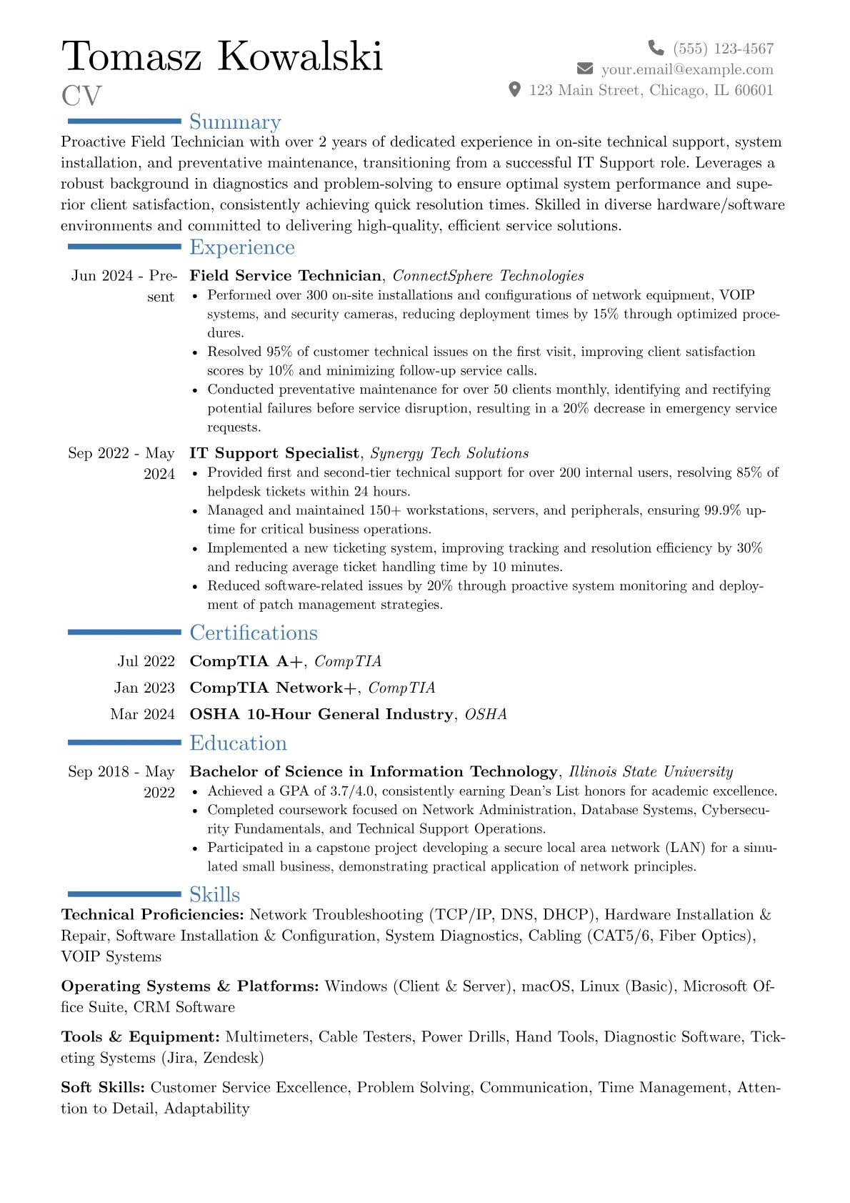 Field Technician resume example, Career changer, page 1