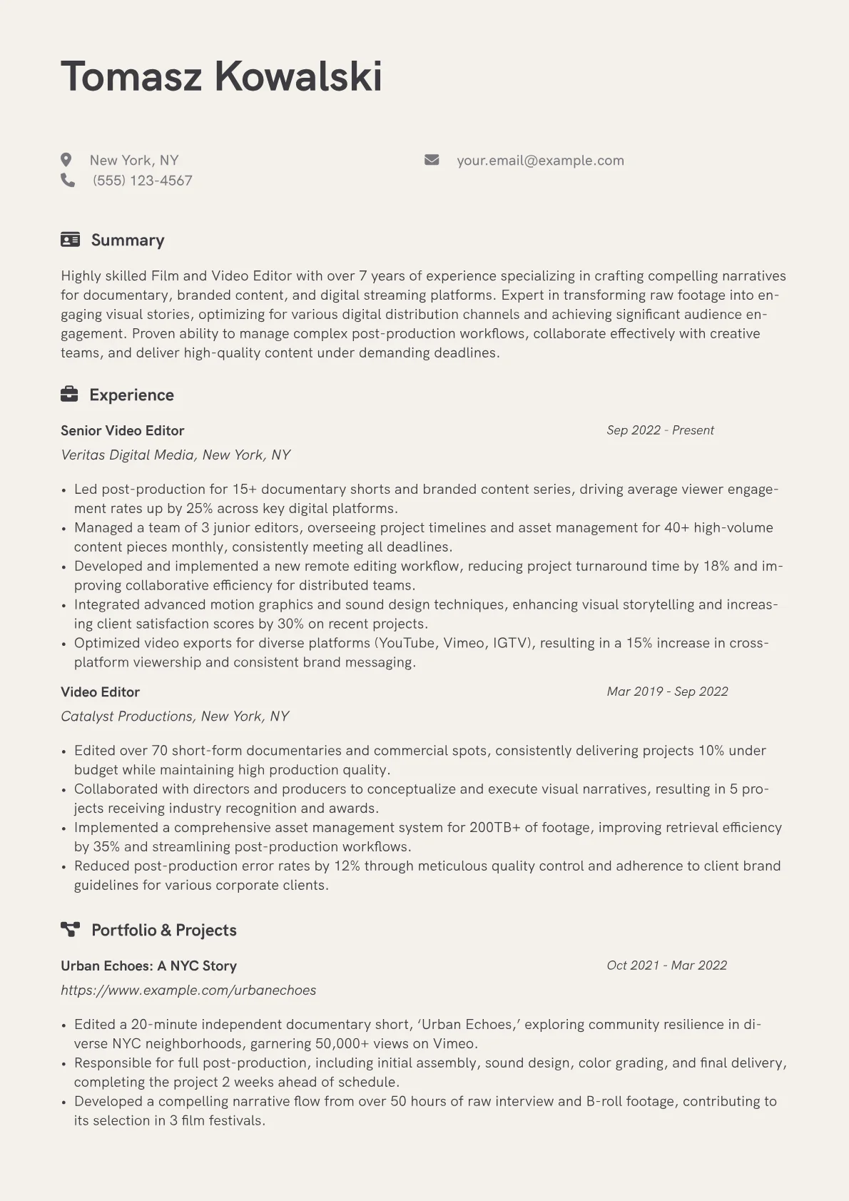 Film and Video Editor resume example, Documentary & Branded, page 1